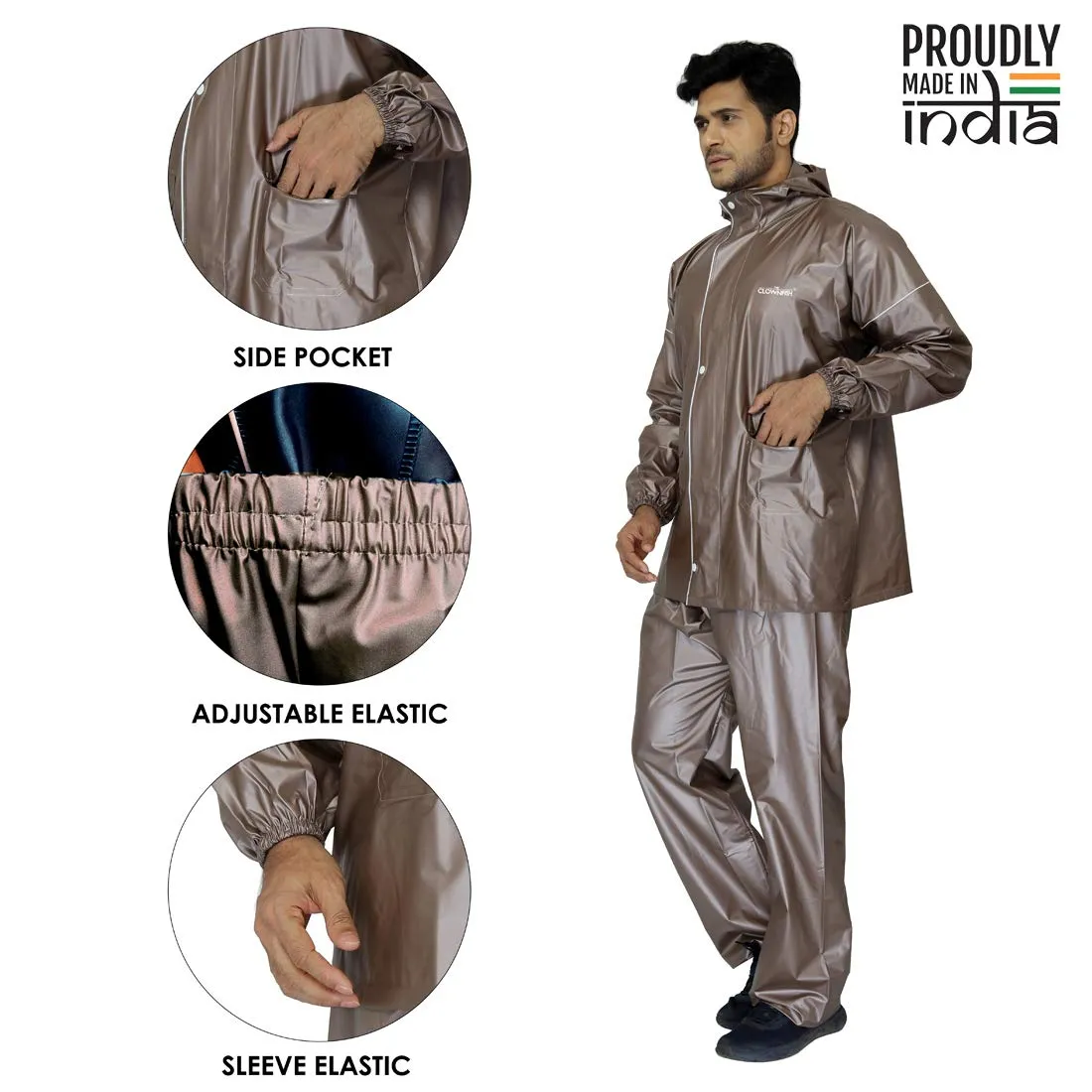 THE CLOWNFISH Oceanic Men's Waterproof PVC Raincoat with Hood and Reflector Logo at Back for Night Travelling. Set of Top and Bottom (Light Brown, XL)
