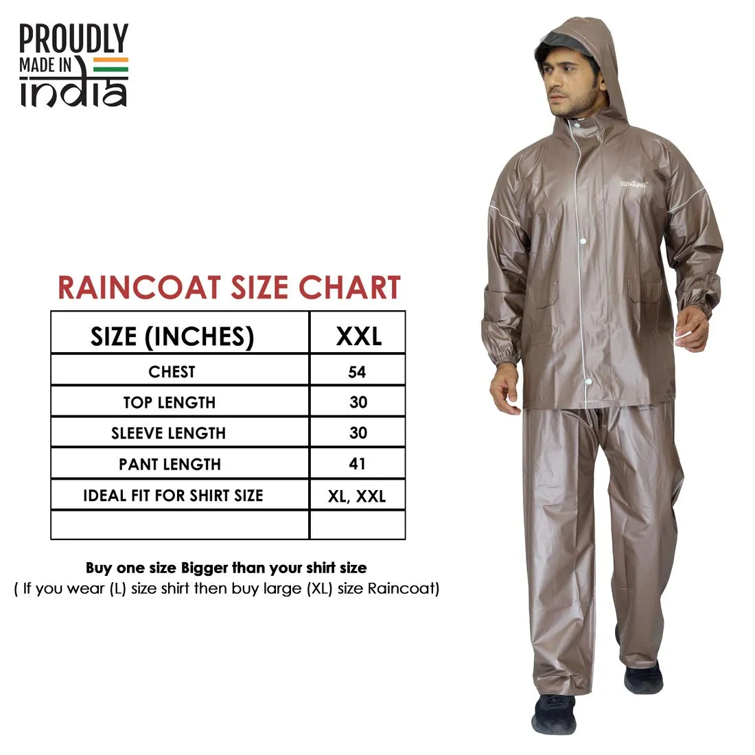 THE CLOWNFISH Oceanic Men's Waterproof PVC Raincoat with Hood and Reflector Logo at Back for Night Travelling. Set of Top and Bottom (Light Brown, XL)