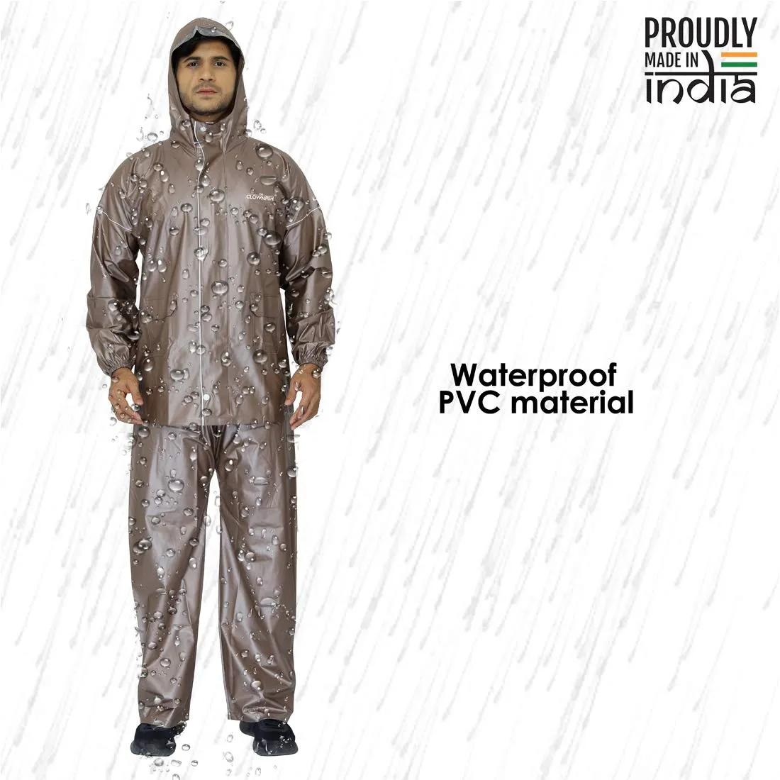 THE CLOWNFISH Oceanic Men's Waterproof PVC Raincoat with Hood and Reflector Logo at Back for Night Travelling. Set of Top and Bottom (Light Brown, XL)