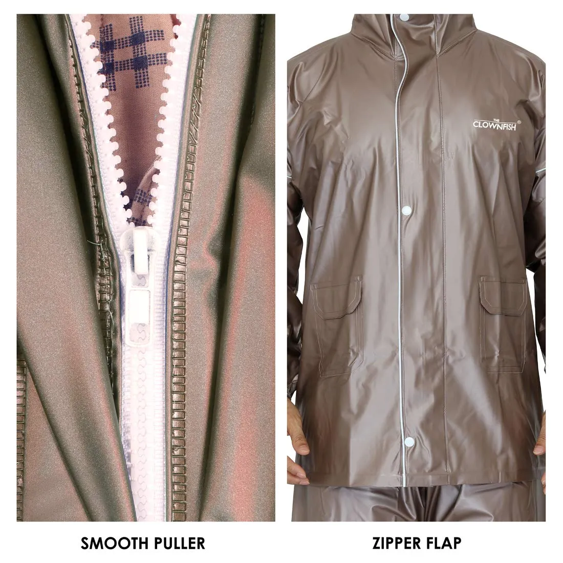 THE CLOWNFISH Oceanic Men's Waterproof PVC Raincoat with Hood and Reflector Logo at Back for Night Travelling. Set of Top and Bottom (Light Brown, XL)
