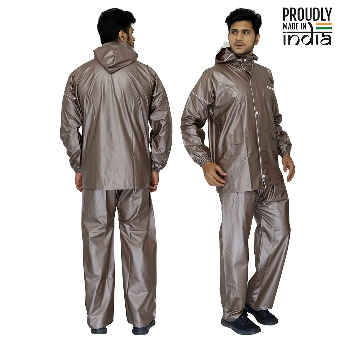 THE CLOWNFISH Oceanic Men's Waterproof PVC Raincoat with Hood and Reflector Logo at Back for Night Travelling. Set of Top and Bottom (Light Brown, XL)