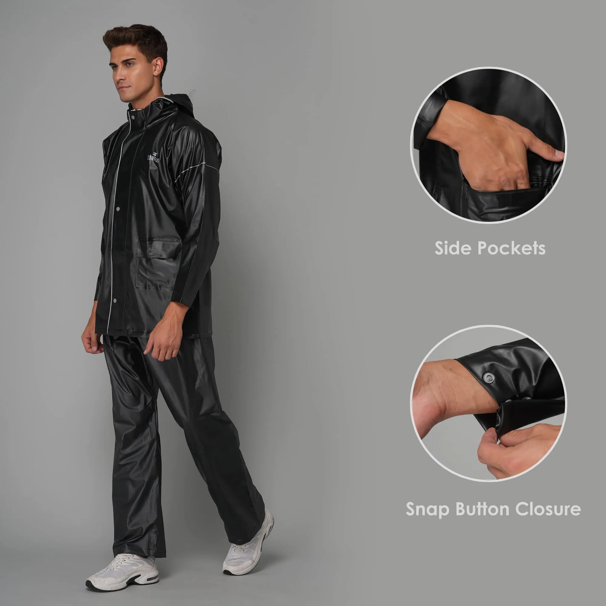 THE CLOWNFISH Oceanic Pro Series Men's Waterproof PVC Raincoat with Hood and Reflector Logo at Back for Night Travelling. Set of Top and Bottom (Black, XXL)