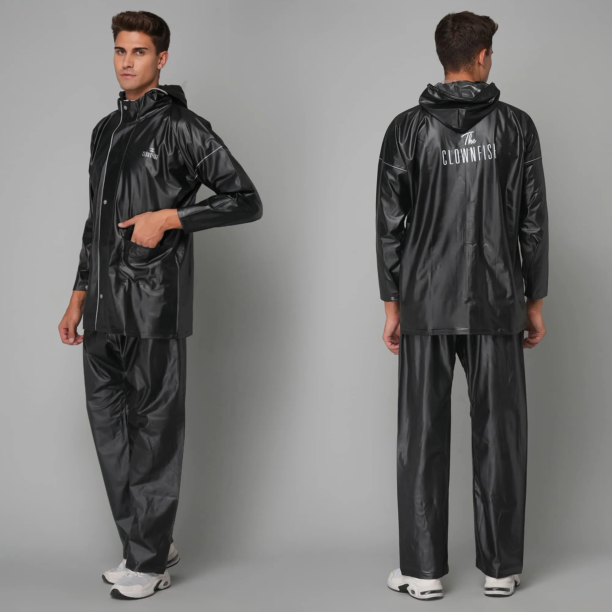 THE CLOWNFISH Oceanic Pro Series Men's Waterproof PVC Raincoat with Hood and Reflector Logo at Back for Night Travelling. Set of Top and Bottom (Black, XXL)