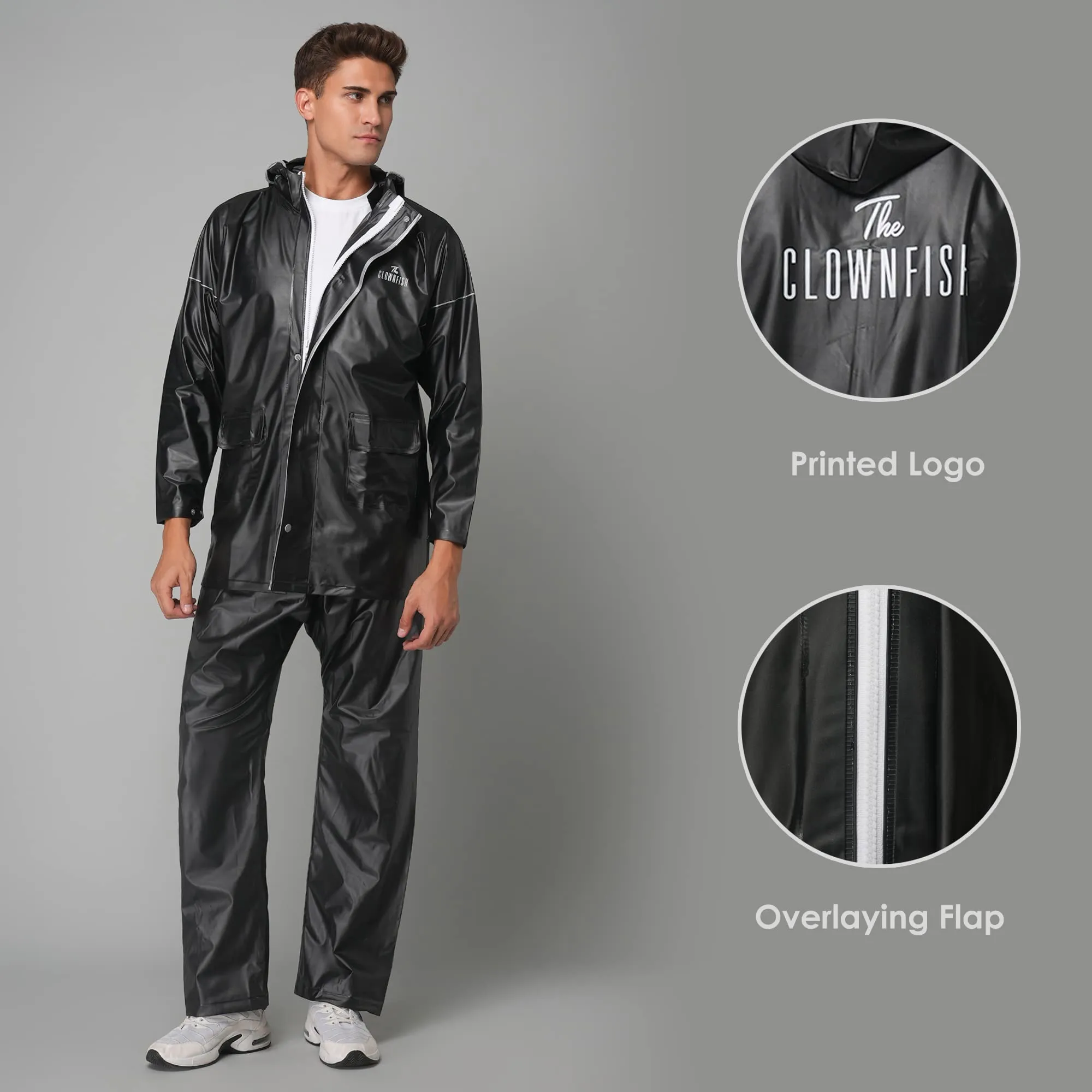 THE CLOWNFISH Oceanic Pro Series Men's Waterproof PVC Raincoat with Hood and Reflector Logo at Back for Night Travelling. Set of Top and Bottom (Black, XXL)