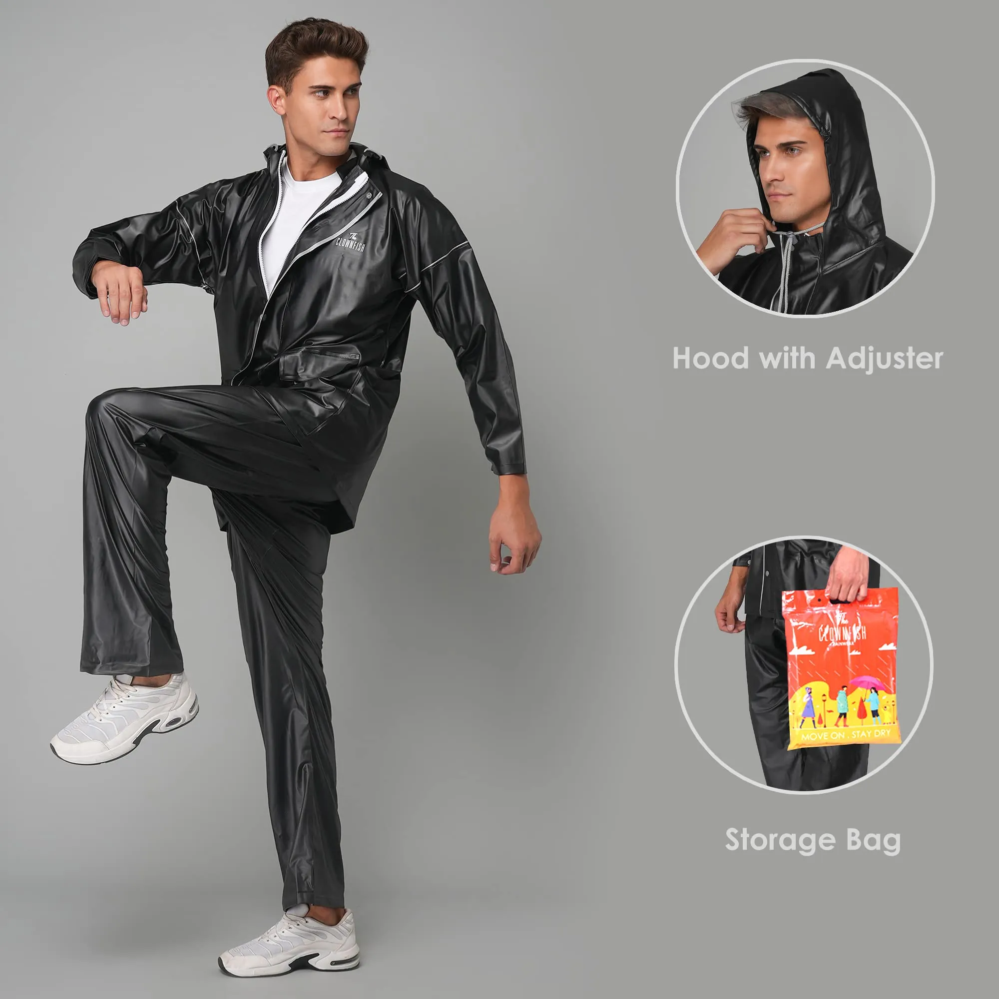 THE CLOWNFISH Oceanic Pro Series Men's Waterproof PVC Raincoat with Hood and Reflector Logo at Back for Night Travelling. Set of Top and Bottom (Black, XXL)