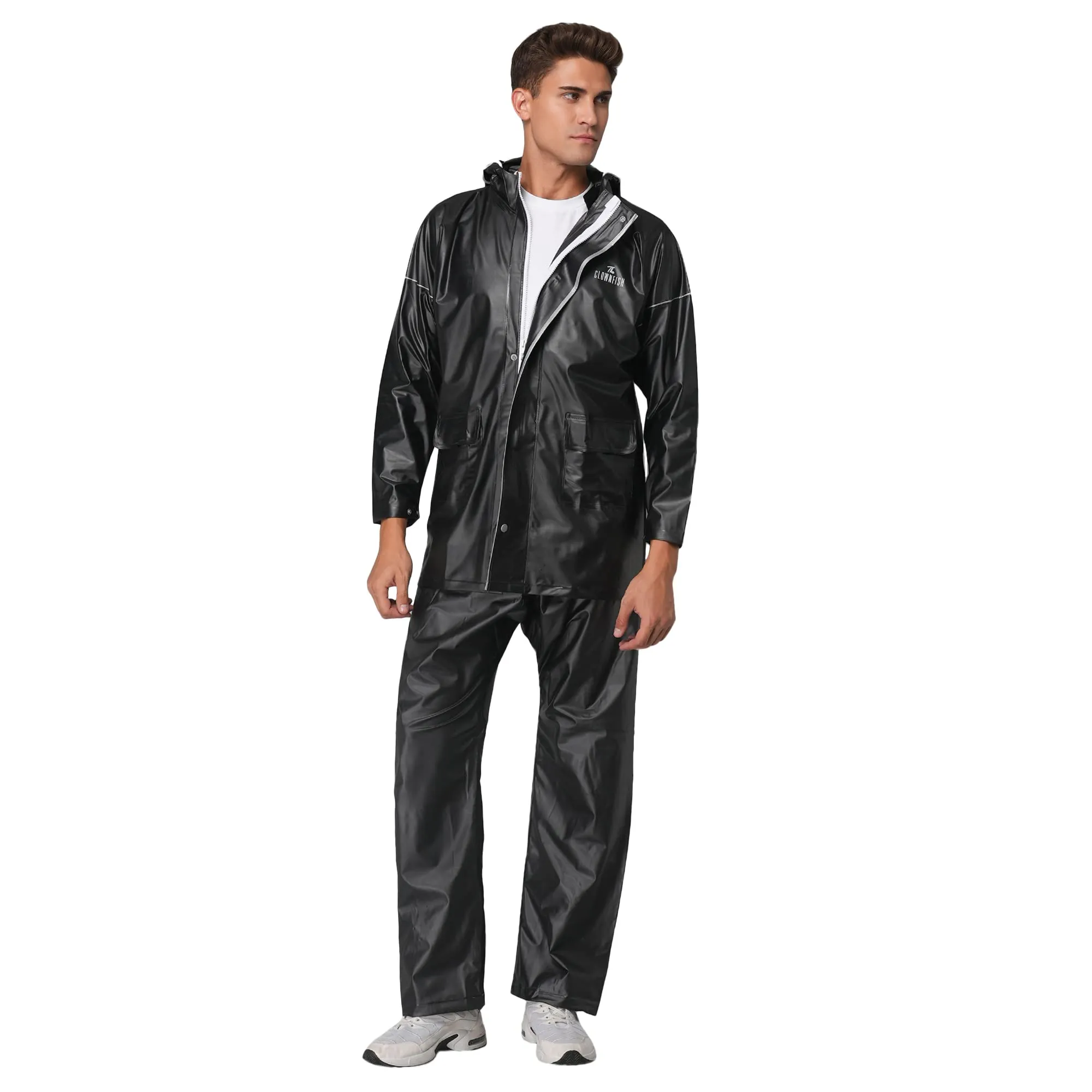 THE CLOWNFISH Oceanic Pro Series Men's Waterproof PVC Raincoat with Hood and Reflector Logo at Back for Night Travelling. Set of Top and Bottom (Black, XXL)