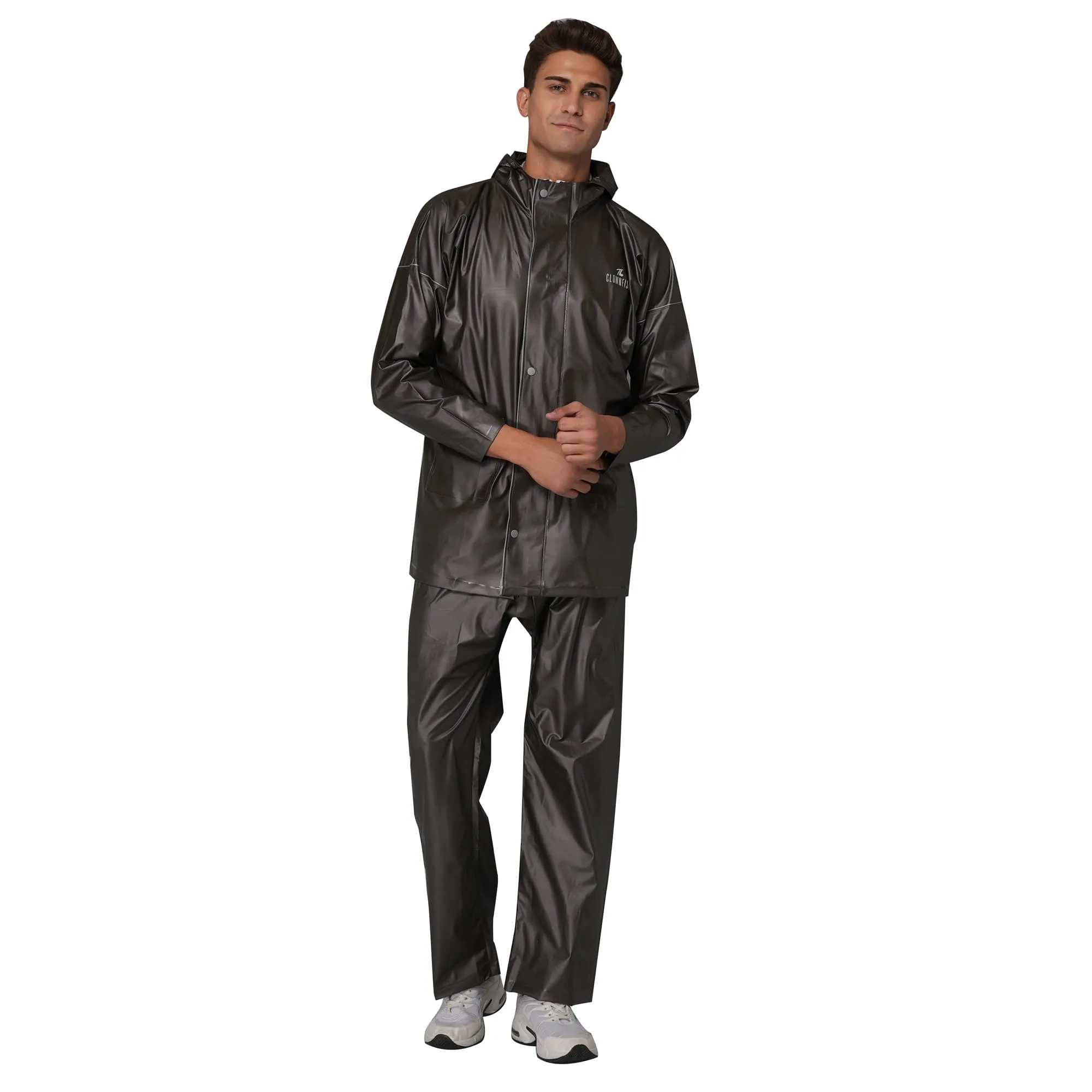 THE CLOWNFISH Oceanic Pro Series Men's Waterproof PVC Raincoat with Hood and Reflector Logo at Back for Night Travelling. Set of Top and Bottom (Dark Brown, XXL)