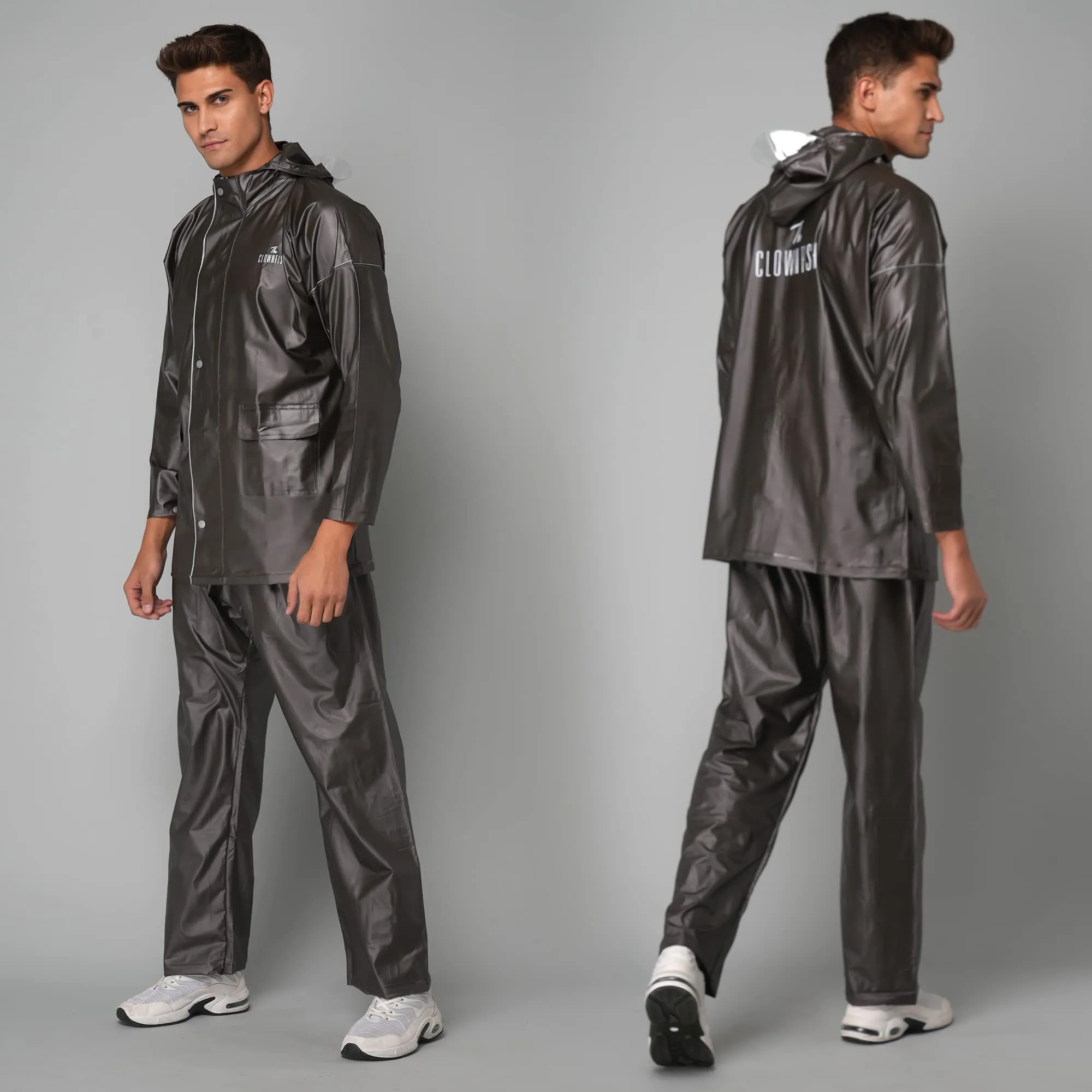 THE CLOWNFISH Oceanic Pro Series Men's Waterproof PVC Raincoat with Hood and Reflector Logo at Back for Night Travelling. Set of Top and Bottom (Dark Brown, XXL)