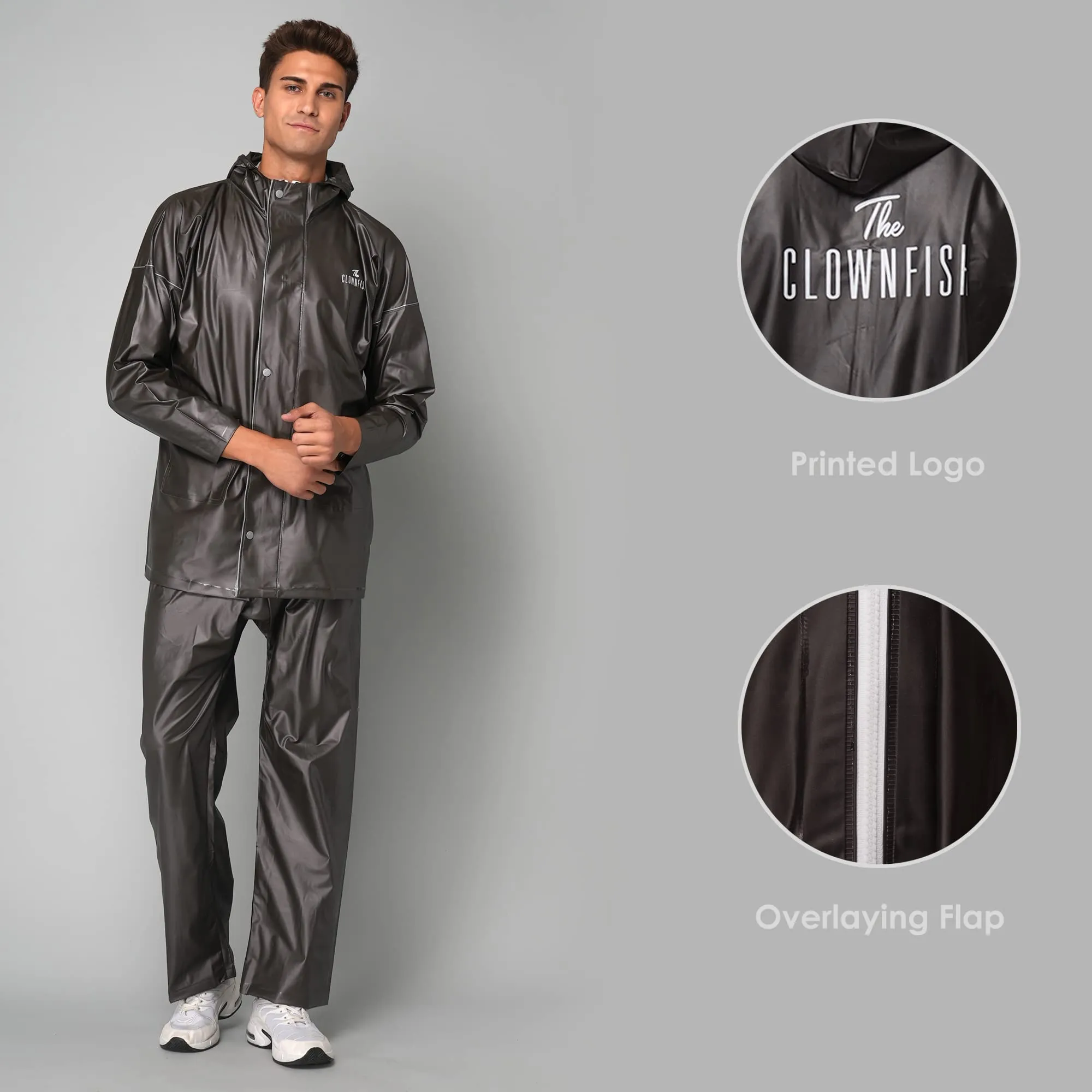 THE CLOWNFISH Oceanic Pro Series Men's Waterproof PVC Raincoat with Hood and Reflector Logo at Back for Night Travelling. Set of Top and Bottom (Dark Brown, XXL)