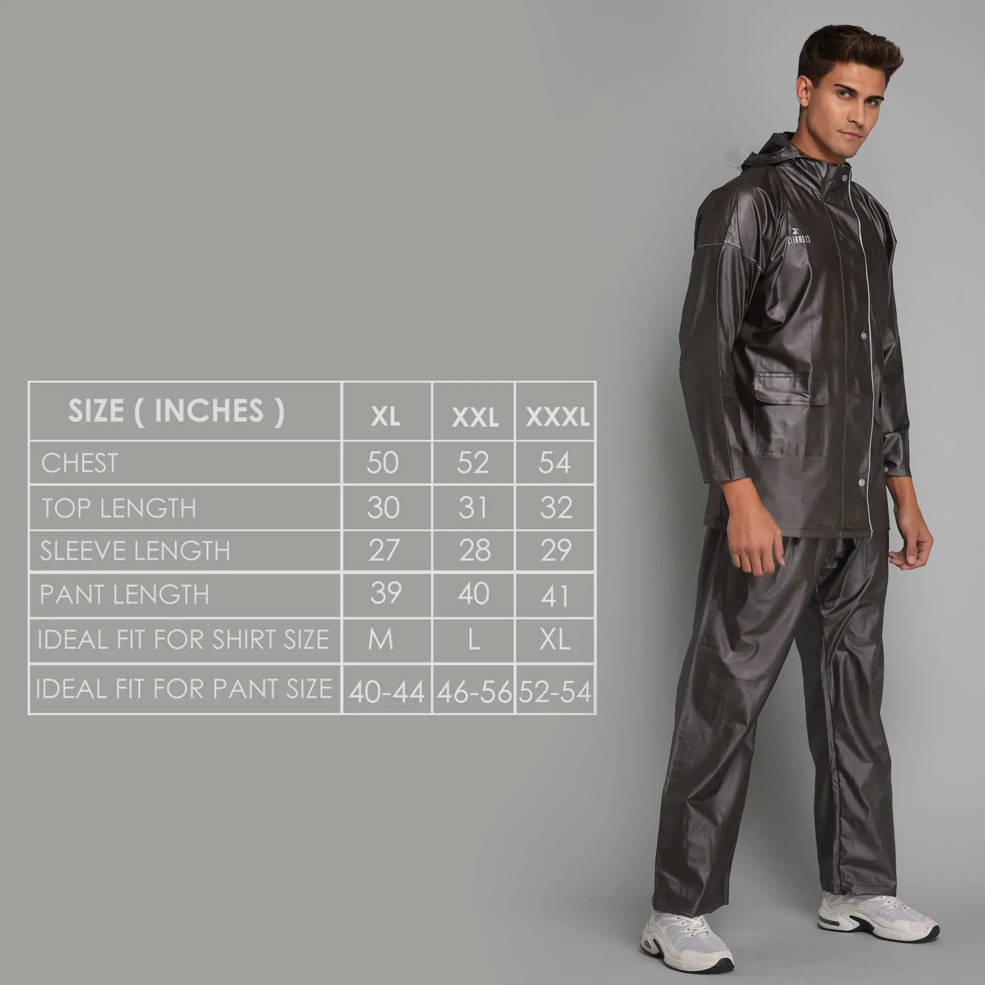 THE CLOWNFISH Oceanic Pro Series Men's Waterproof PVC Raincoat with Hood and Reflector Logo at Back for Night Travelling. Set of Top and Bottom (Dark Brown, XXL)