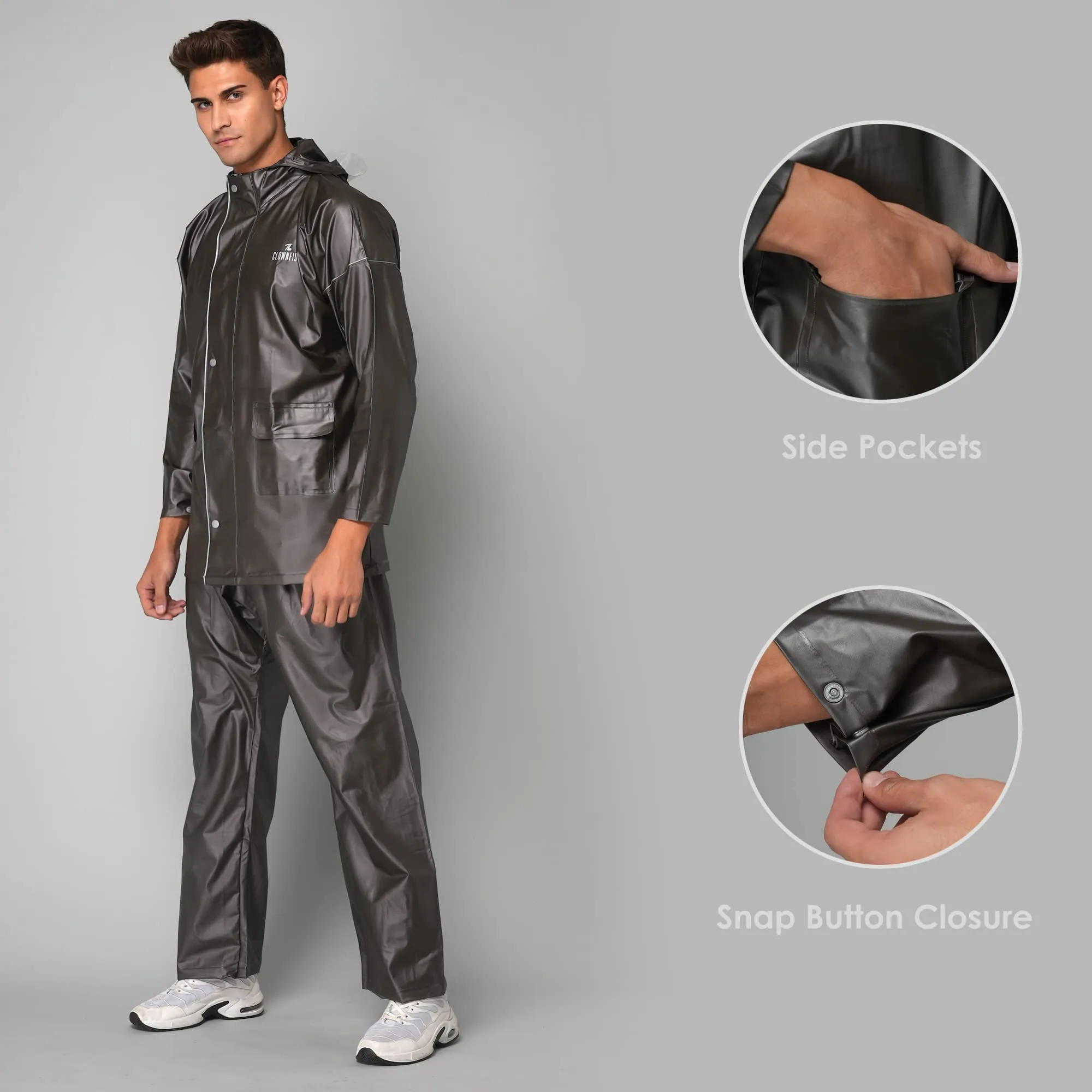 THE CLOWNFISH Oceanic Pro Series Men's Waterproof PVC Raincoat with Hood and Reflector Logo at Back for Night Travelling. Set of Top and Bottom (Dark Brown, XXL)