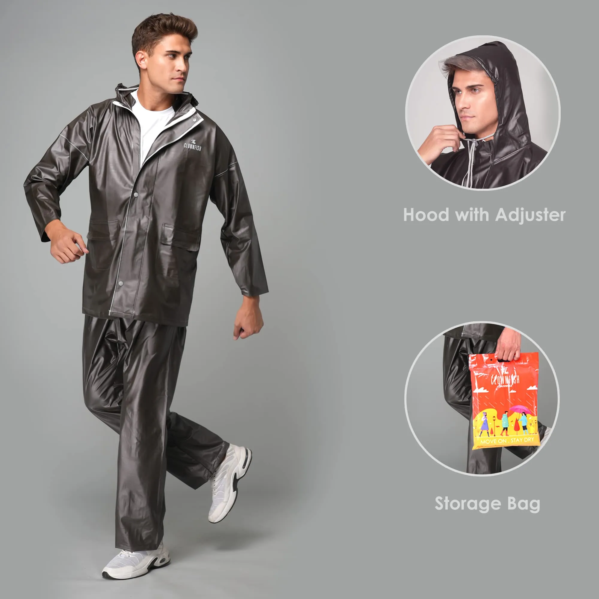 THE CLOWNFISH Oceanic Pro Series Men's Waterproof PVC Raincoat with Hood and Reflector Logo at Back for Night Travelling. Set of Top and Bottom (Dark Brown, XXL)