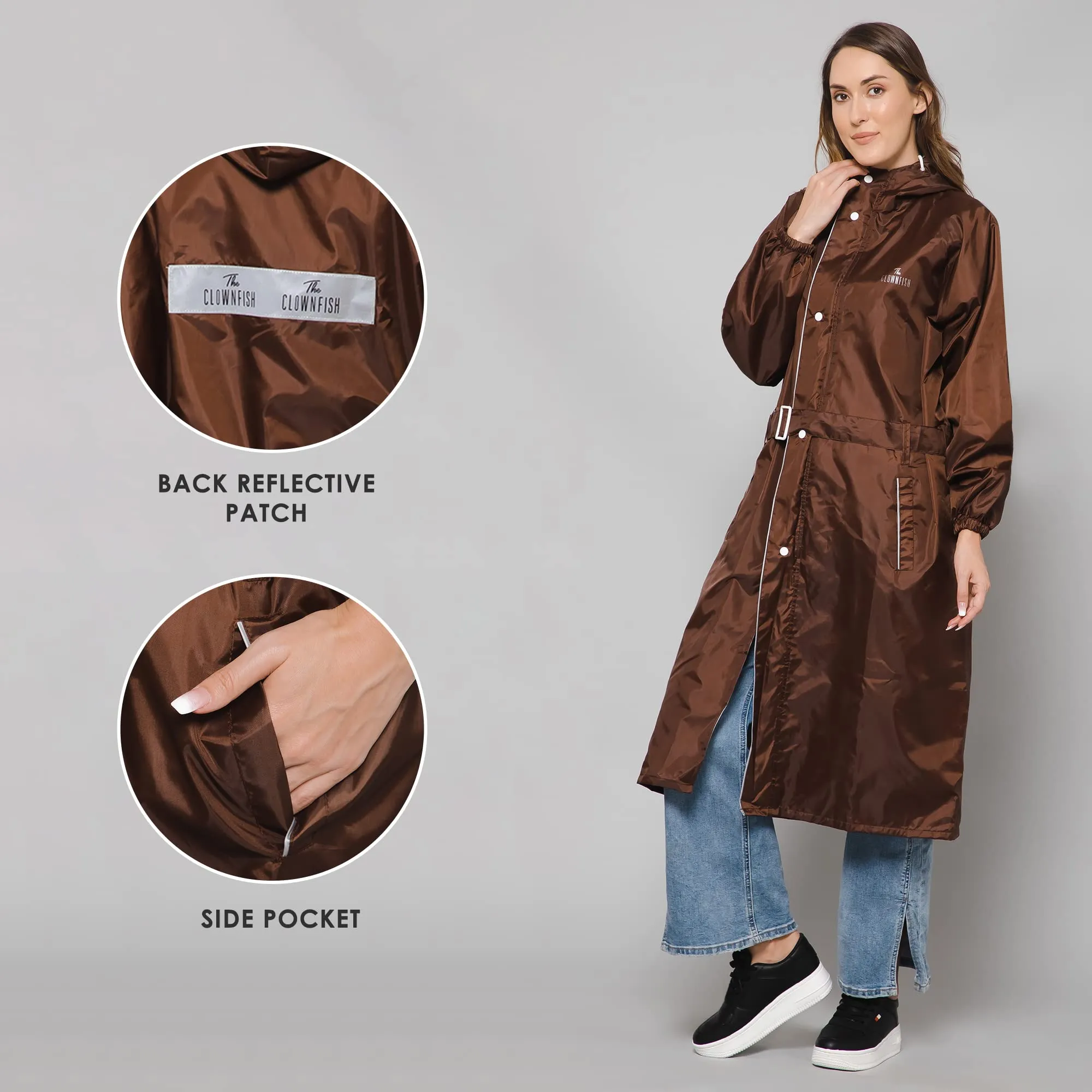 THE CLOWNFISH Polyester Raincoats For Women Rain Coat For Women Raincoat For Ladies Waterproof Reversible Double Layer. Drizzle Diva Series (Brown, Xxx-Large)