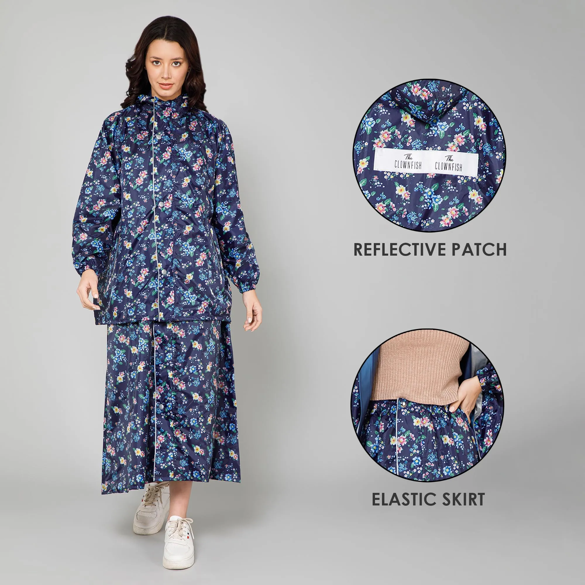THE CLOWNFISH Polyester Waterproof Rain Coat For Women Skirt and Top Raincoat With Adjustable Hood and Front Pockets Rain Glam Series (Dark Blue Floral, X-Large)