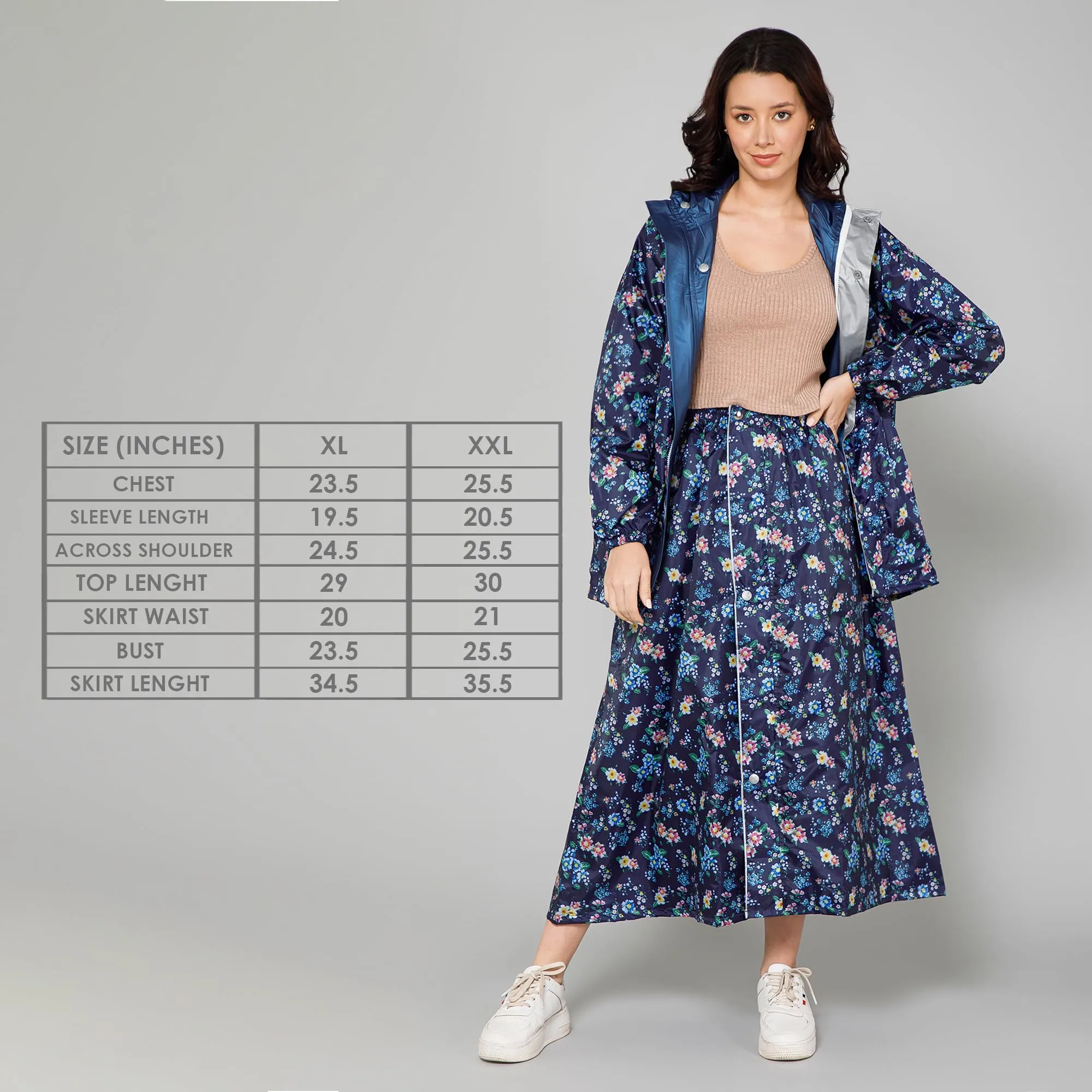 THE CLOWNFISH Polyester Waterproof Rain Coat For Women Skirt and Top Raincoat With Adjustable Hood and Front Pockets Rain Glam Series (Dark Blue Floral, X-Large)