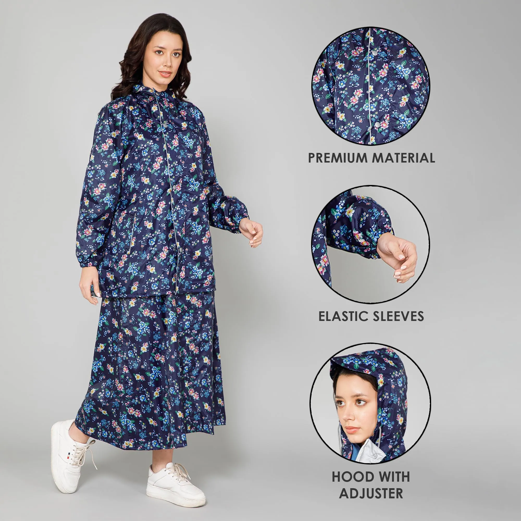 THE CLOWNFISH Polyester Waterproof Rain Coat For Women Skirt and Top Raincoat With Adjustable Hood and Front Pockets Rain Glam Series (Dark Blue Floral, X-Large)
