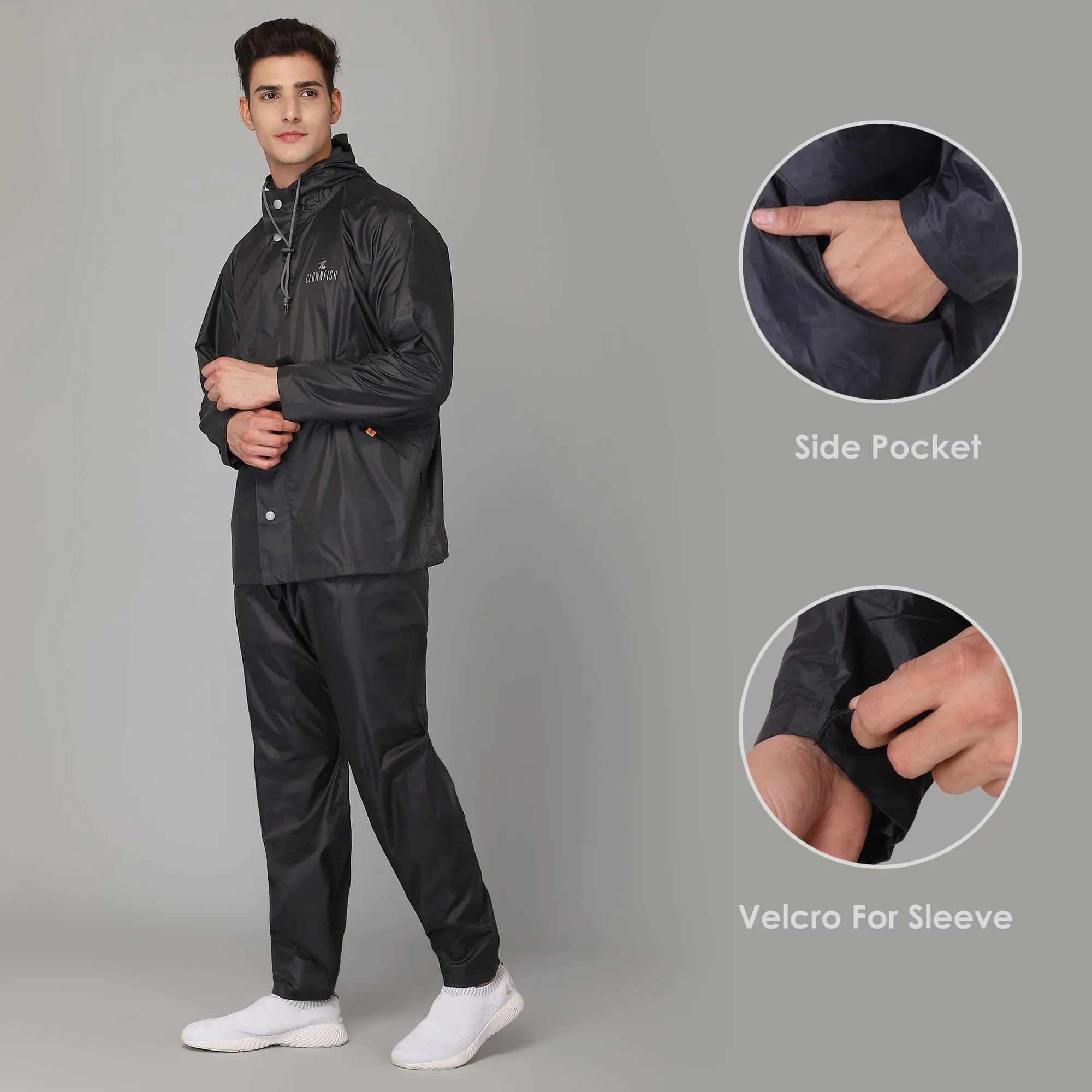 THE CLOWNFISH Rain Coat for Men Waterproof for Bike Raincoat for Men with Hood. Set of Top and Bottom. Classic Pro Series (Grey, XX-Large)