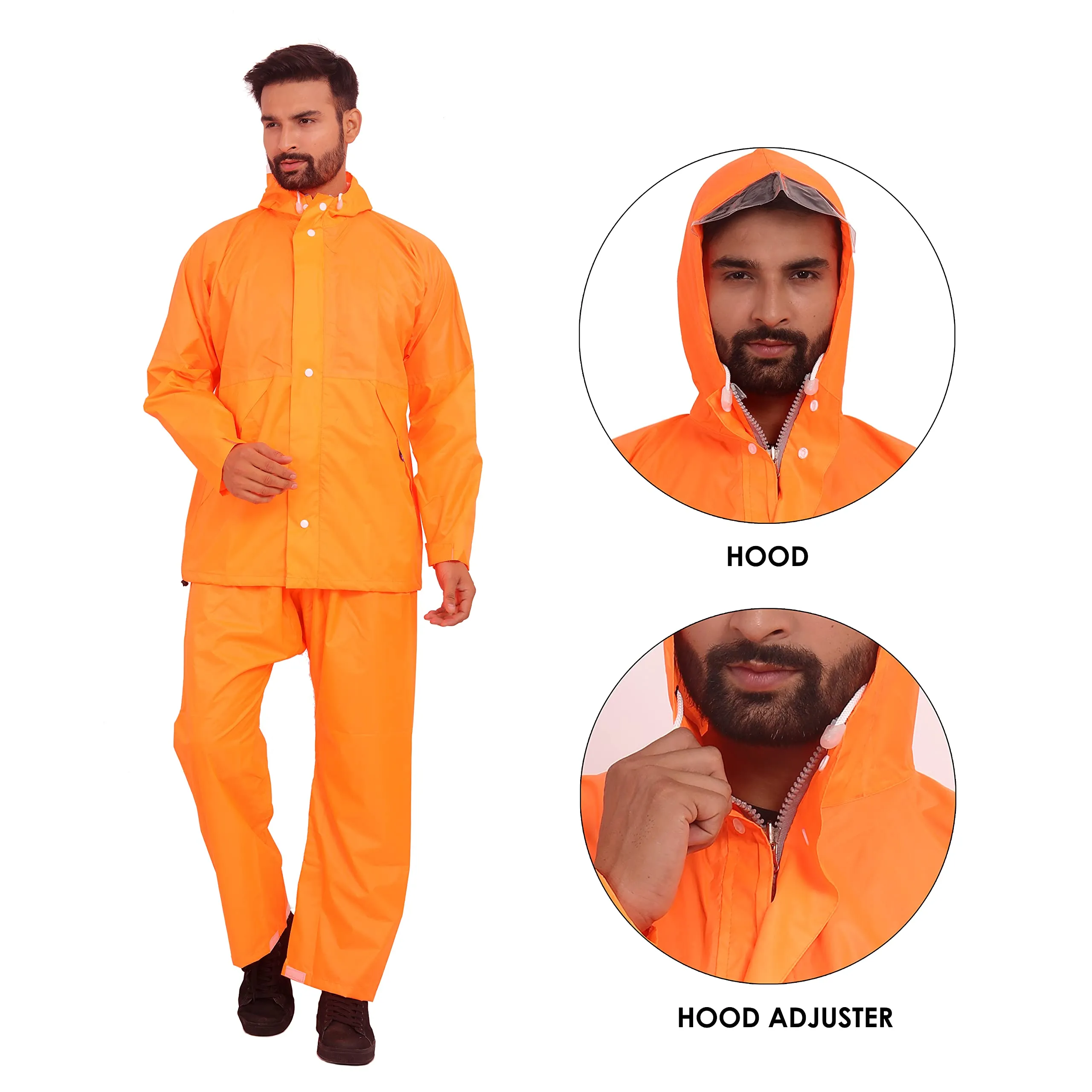 THE CLOWNFISH Rain Coat for Men Waterproof for Bike Raincoat for Men with Hood. Set of Top and Bottom. Classic Series (Orange, Large)