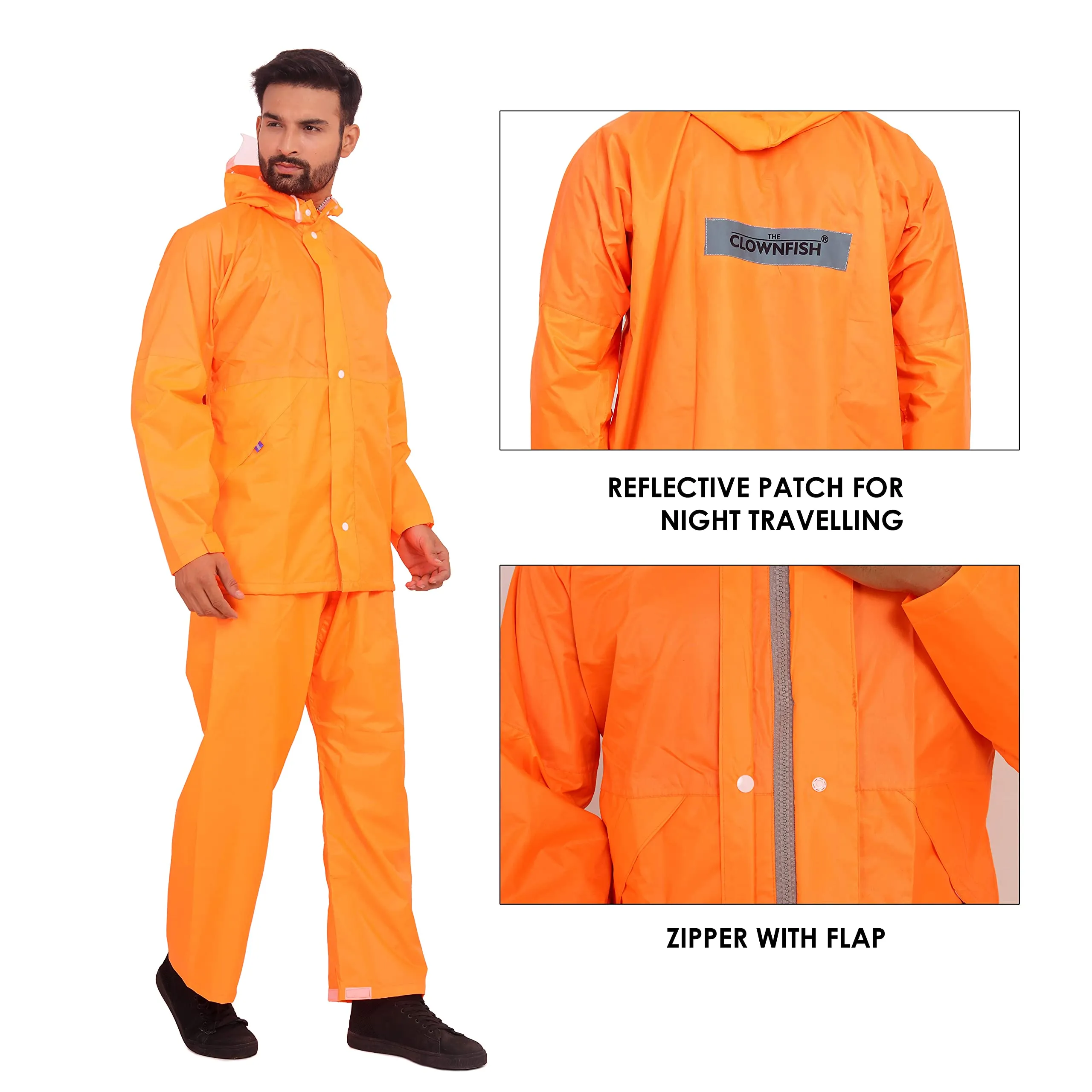 THE CLOWNFISH Rain Coat for Men Waterproof for Bike Raincoat for Men with Hood. Set of Top and Bottom. Classic Series (Orange, Large)