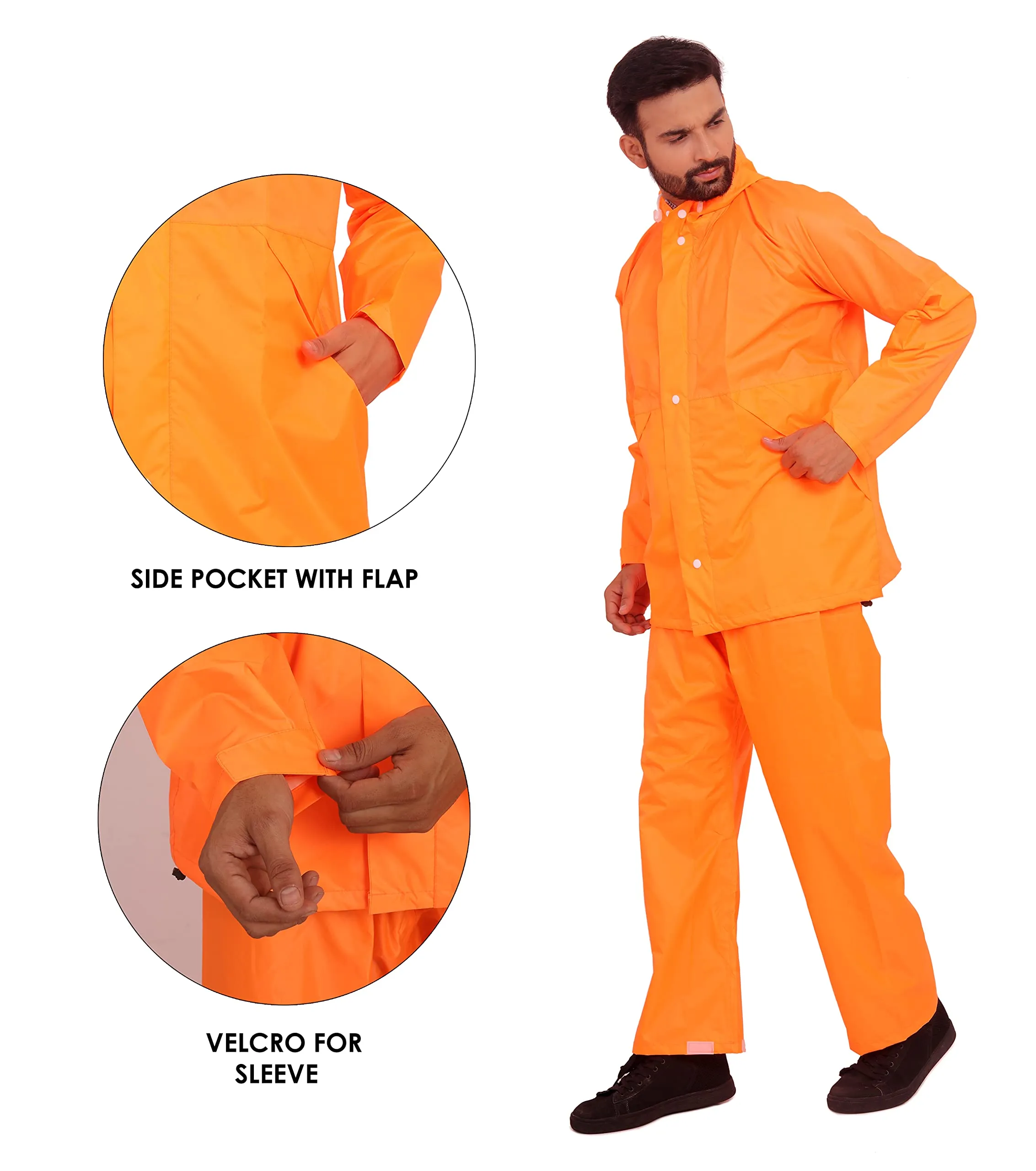 THE CLOWNFISH Rain Coat for Men Waterproof for Bike Raincoat for Men with Hood. Set of Top and Bottom. Classic Series (Orange, Large)