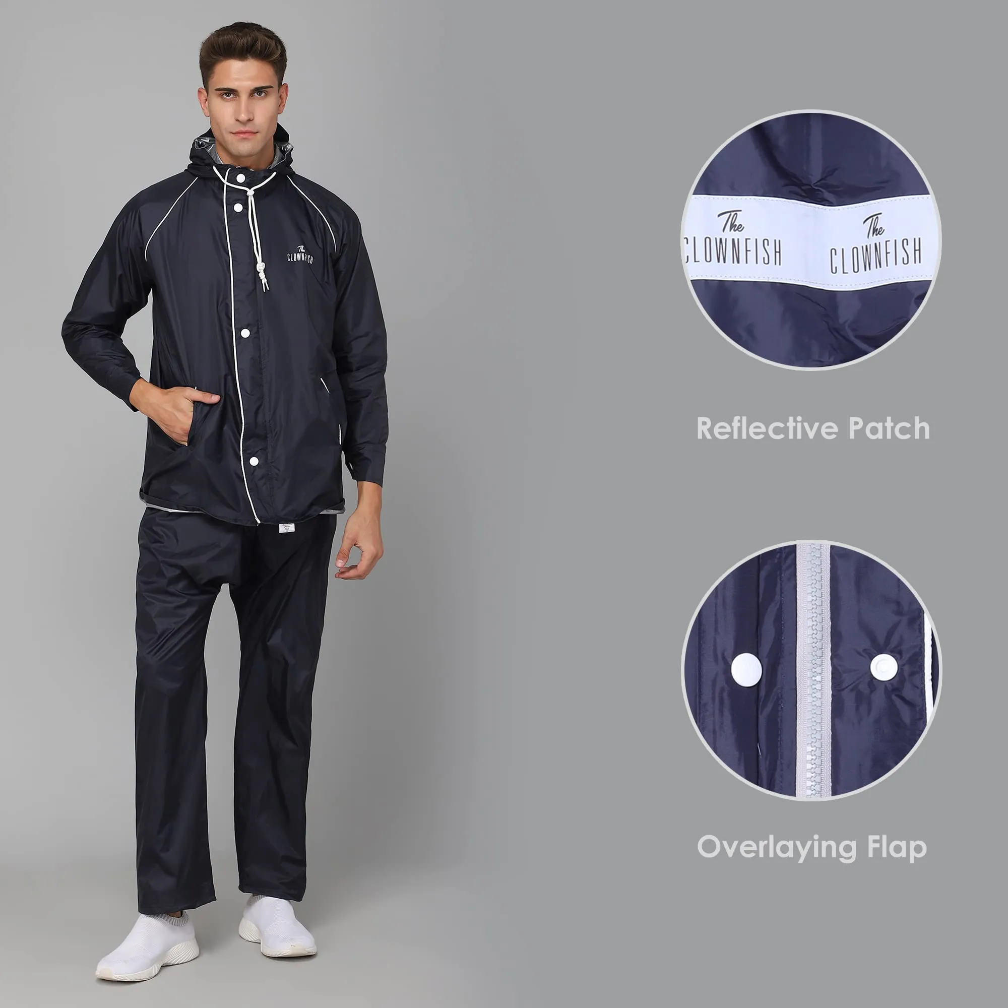 THE CLOWNFISH Rain Coat for Men Waterproof for Bike Reversible Double Layer with Hood Raincoat for Men. Set of Top and Bottom Packed in a Storage Bag Captain Pro Series (Blue, Large)