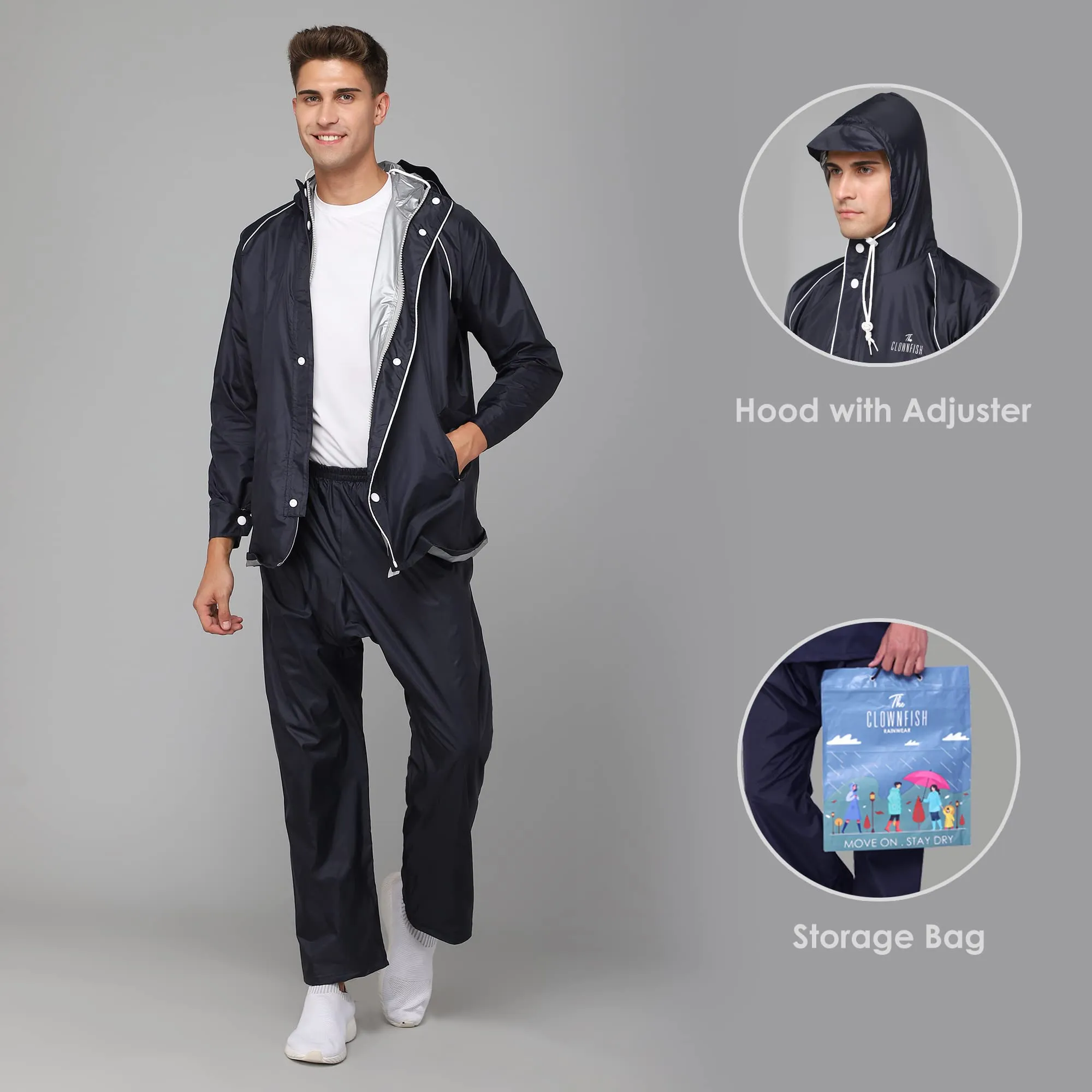 THE CLOWNFISH Rain Coat for Men Waterproof for Bike Reversible Double Layer with Hood Raincoat for Men. Set of Top and Bottom Packed in a Storage Bag Captain Pro Series (Blue, Large)