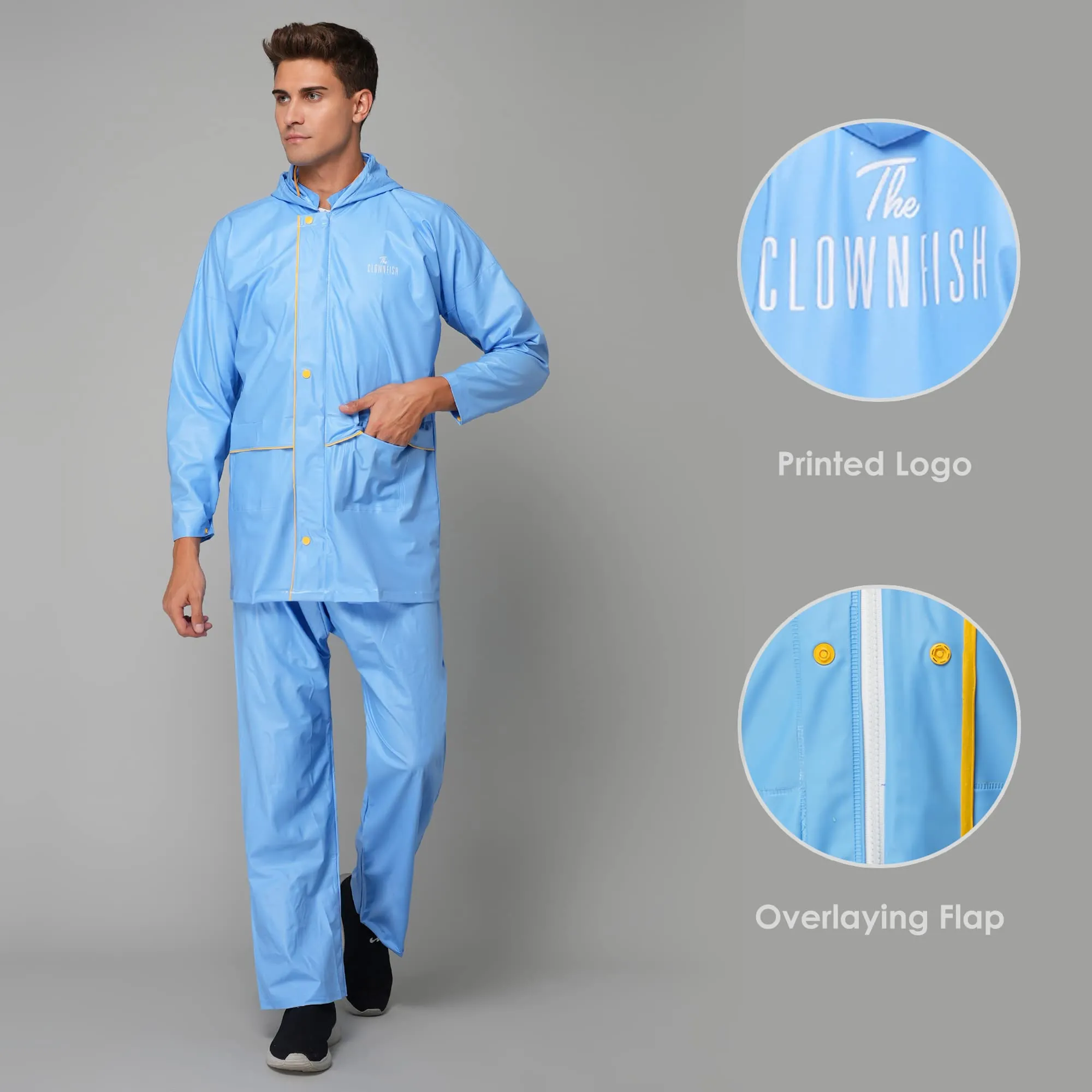 THE CLOWNFISH Rain Coat for Men Waterproof for Bike with Hood Raincoat for Men & Women. Samson Pro Series (Sky Blue, X-Large)