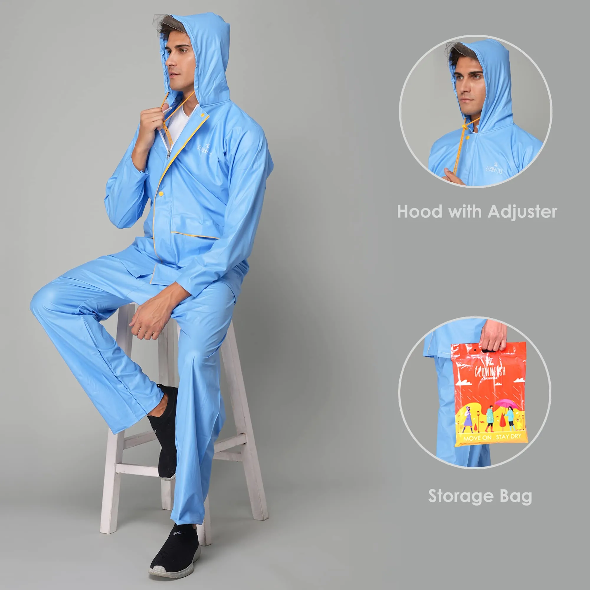 THE CLOWNFISH Rain Coat for Men Waterproof for Bike with Hood Raincoat for Men & Women. Samson Pro Series (Sky Blue, X-Large)