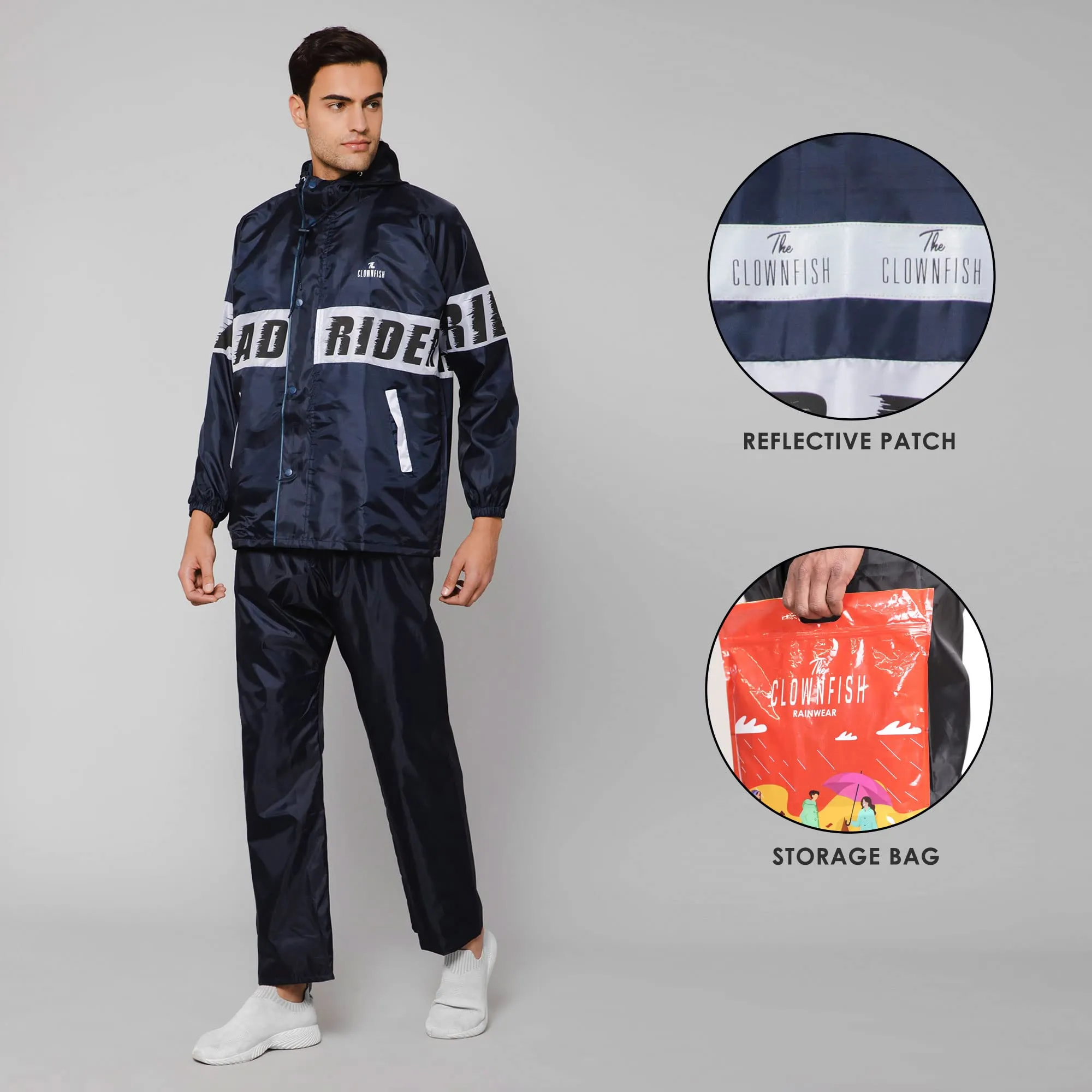 THE CLOWNFISH Road Rider Men's Waterproof Raincoat Polyester Double Coating Reversible Rain Suit with Hood & Inner Mobile Pocket. Set of Top and Bottom. Printed Plastic Pouch (Navy Blue, XXX-Large)