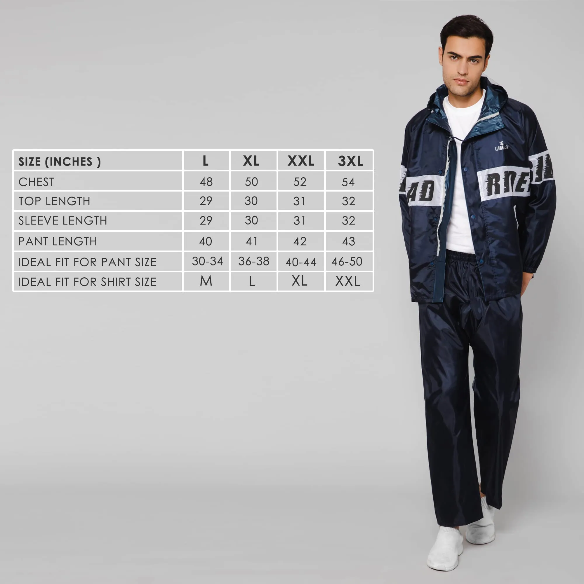 THE CLOWNFISH Road Rider Men's Waterproof Raincoat Polyester Double Coating Reversible Rain Suit with Hood & Inner Mobile Pocket. Set of Top and Bottom. Printed Plastic Pouch (Navy Blue, XXX-Large)