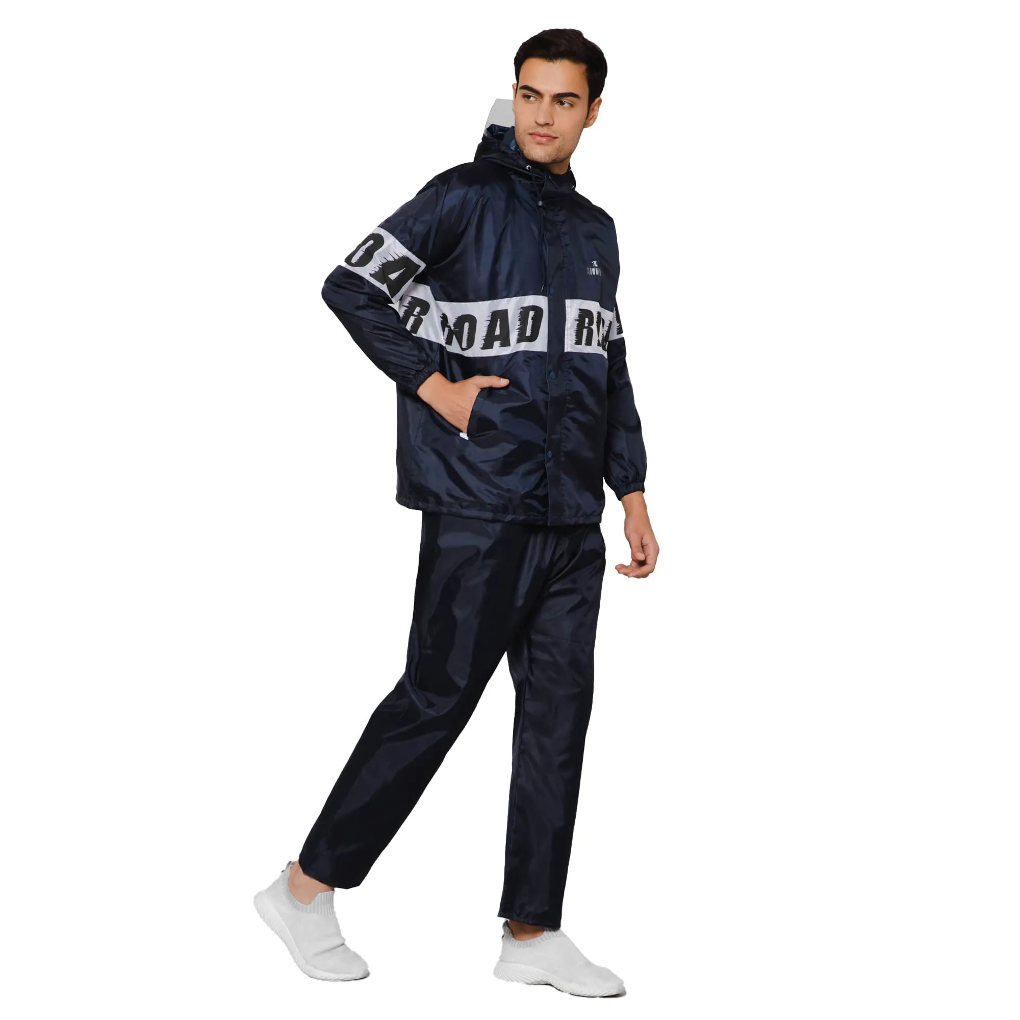 THE CLOWNFISH Road Rider Men's Waterproof Raincoat Polyester Double Coating Reversible Rain Suit with Hood & Inner Mobile Pocket. Set of Top and Bottom. Printed Plastic Pouch (Navy Blue, XXX-Large)