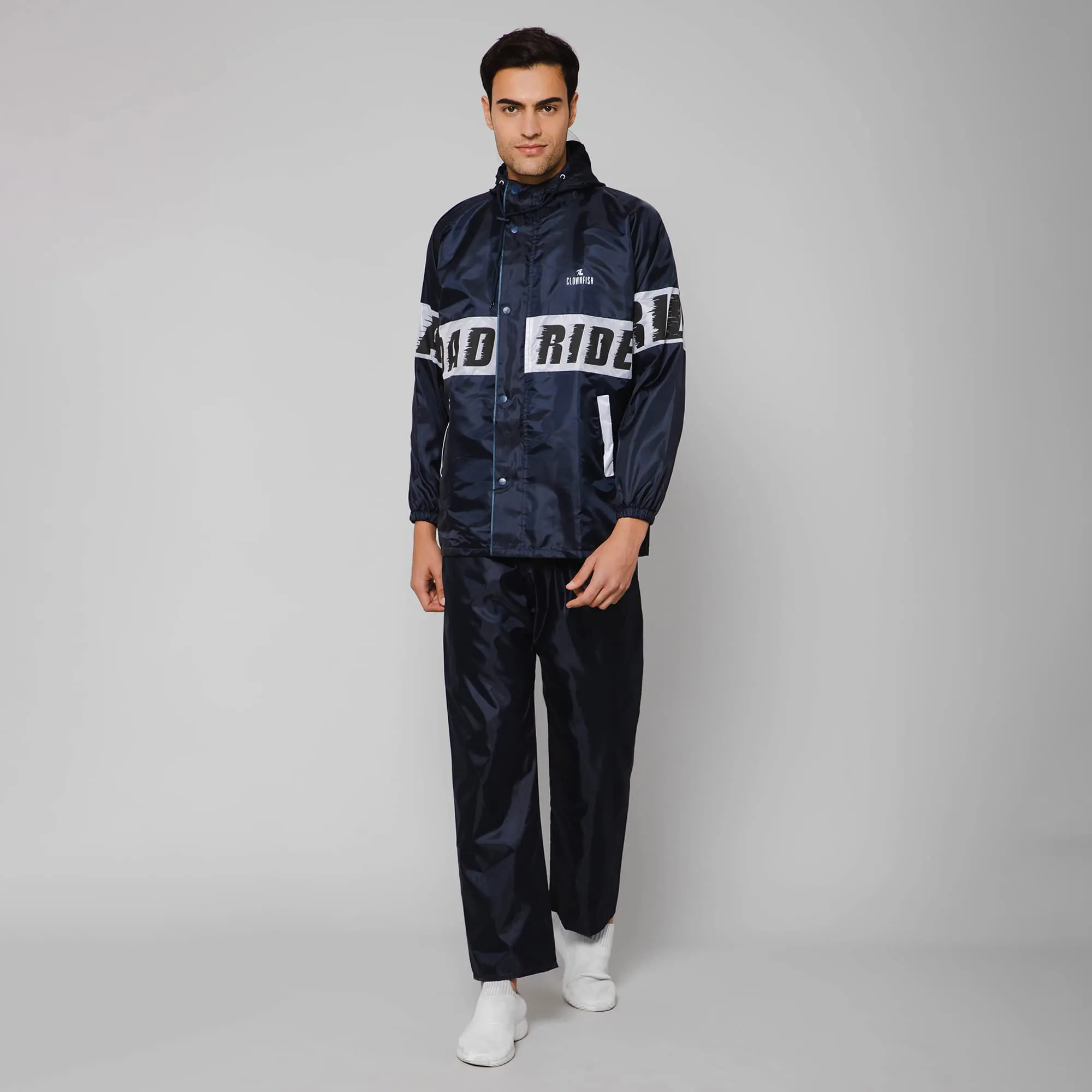 THE CLOWNFISH Road Rider Men's Waterproof Raincoat Polyester Double Coating Reversible Rain Suit with Hood & Inner Mobile Pocket. Set of Top and Bottom. Printed Plastic Pouch (Navy Blue, XXX-Large)