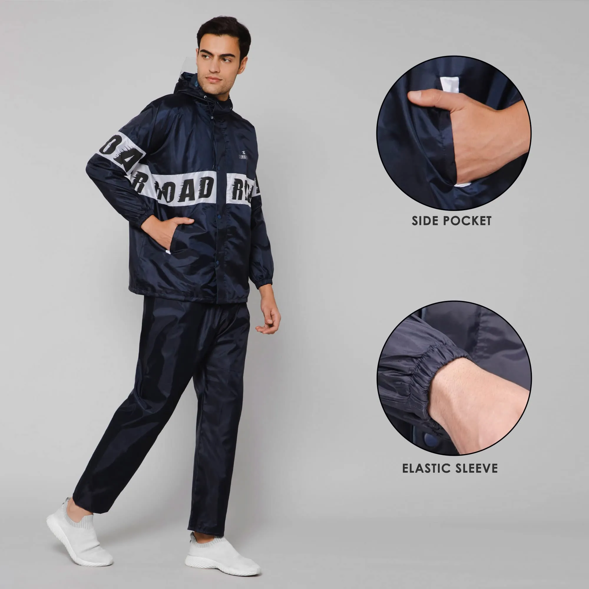 THE CLOWNFISH Road Rider Men's Waterproof Raincoat Polyester Double Coating Reversible Rain Suit with Hood & Inner Mobile Pocket. Set of Top and Bottom. Printed Plastic Pouch (Navy Blue, XXX-Large)