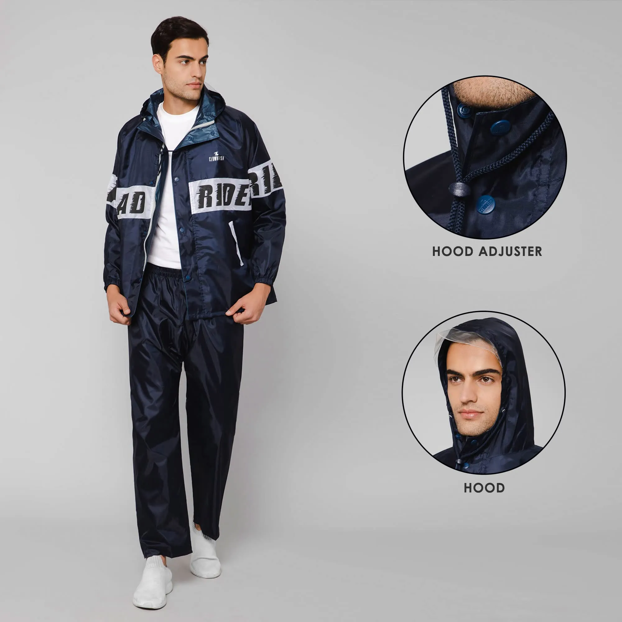THE CLOWNFISH Road Rider Men's Waterproof Raincoat Polyester Double Coating Reversible Rain Suit with Hood & Inner Mobile Pocket. Set of Top and Bottom. Printed Plastic Pouch (Navy Blue, XXX-Large)