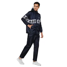 THE CLOWNFISH Road Rider Men's Waterproof Raincoat Polyester Double Coating Reversible Rain Suit with Hood & Inner Mobile Pocket. Set of Top and Bottom. Printed Plastic Pouch (Navy Blue, XXX-Large)