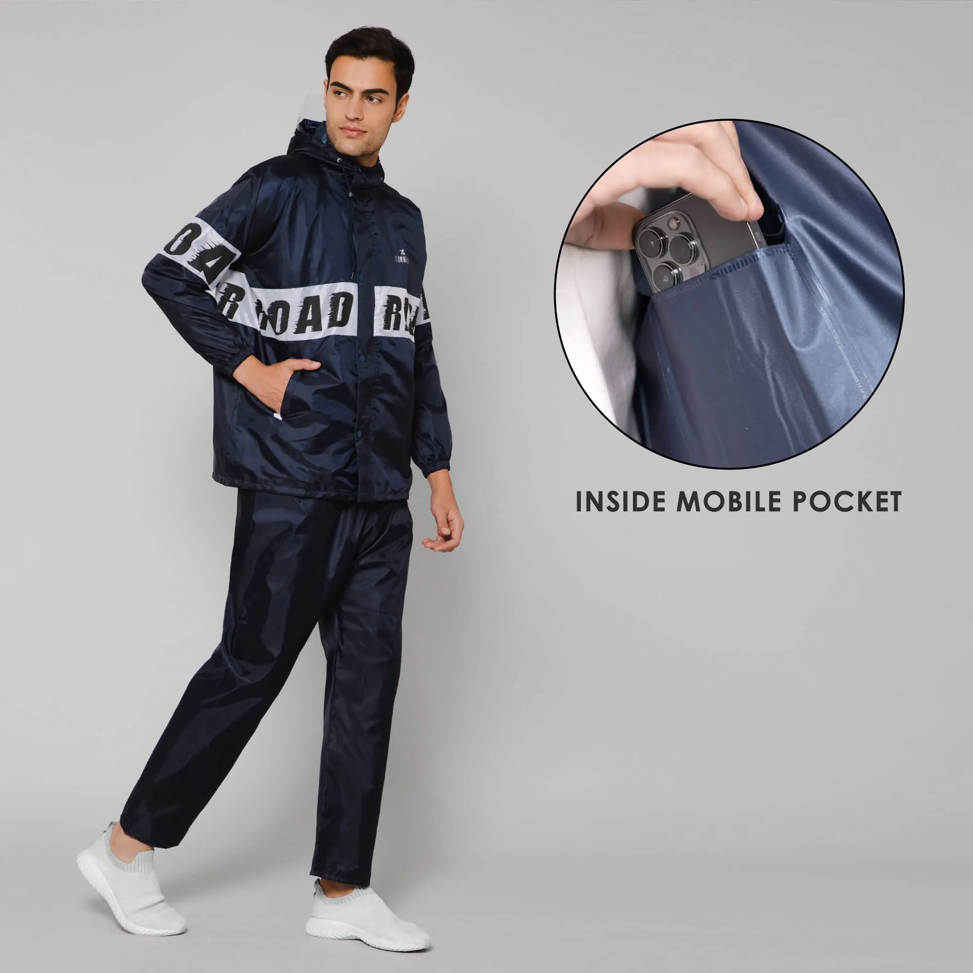 THE CLOWNFISH Road Rider Men's Waterproof Raincoat Polyester Double Coating Reversible Rain Suit with Hood & Inner Mobile Pocket. Set of Top and Bottom. Printed Plastic Pouch (Navy Blue, XXX-Large)