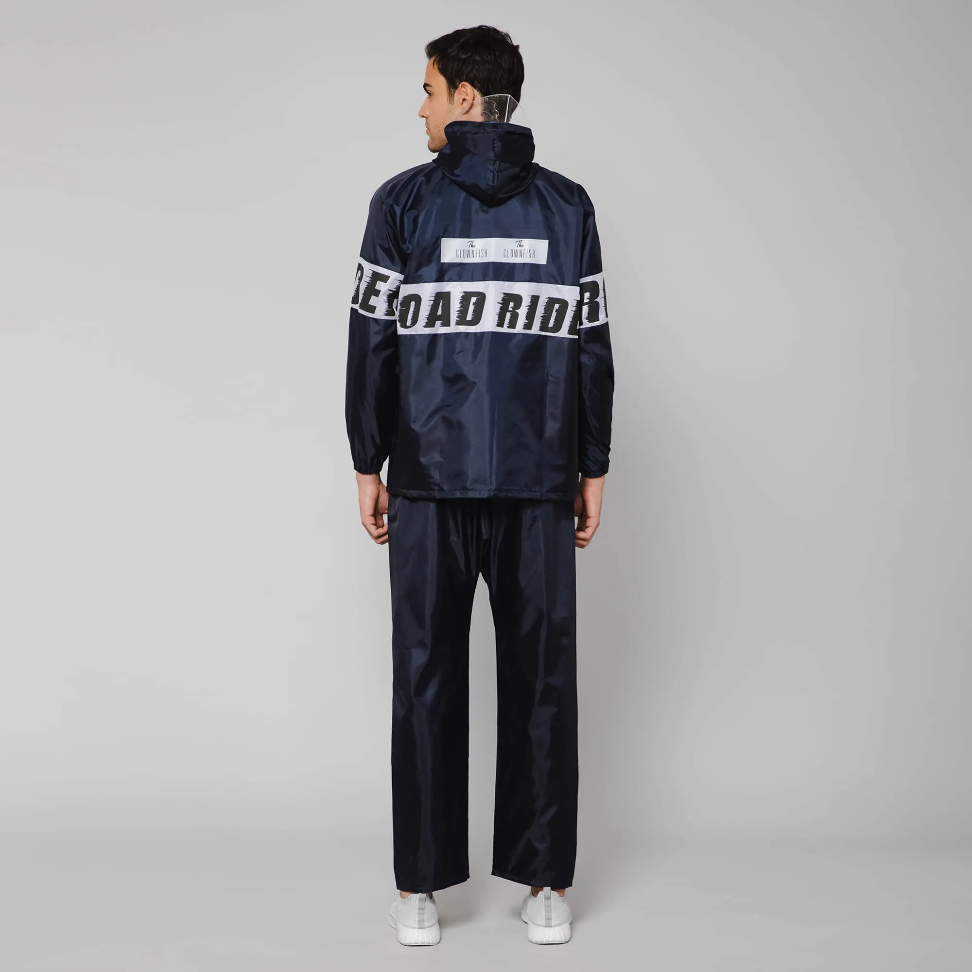 THE CLOWNFISH Road Rider Men's Waterproof Raincoat Polyester Double Coating Reversible Rain Suit with Hood & Inner Mobile Pocket. Set of Top and Bottom. Printed Plastic Pouch (Navy Blue, XXX-Large)