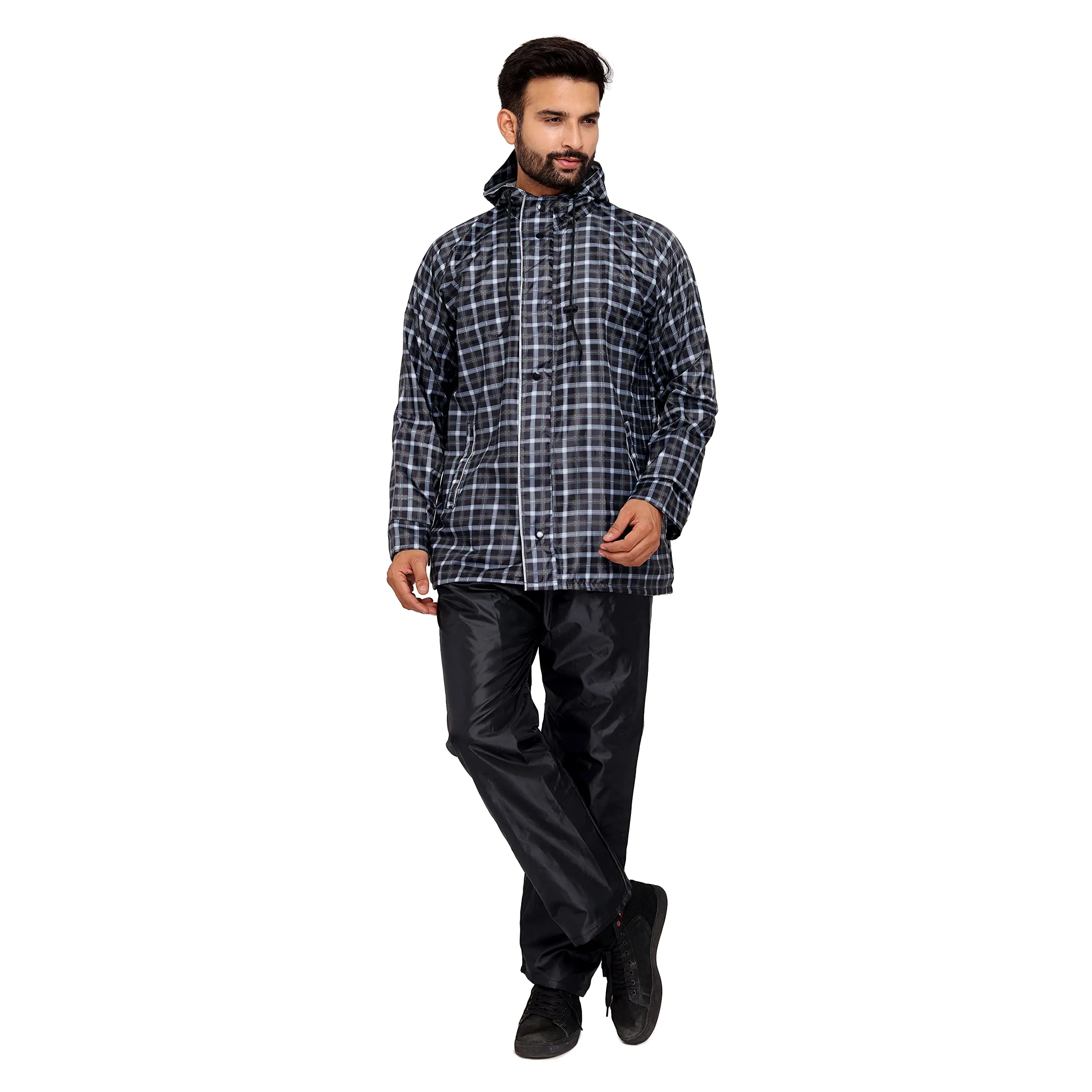THE CLOWNFISH Royal Series Men's Waterproof Polyester Double Coating Reversible Raincoat with Hood and Reflector Logo at Back for Night Travelling. Set of Top and Bottom (Black, XXX-Large)