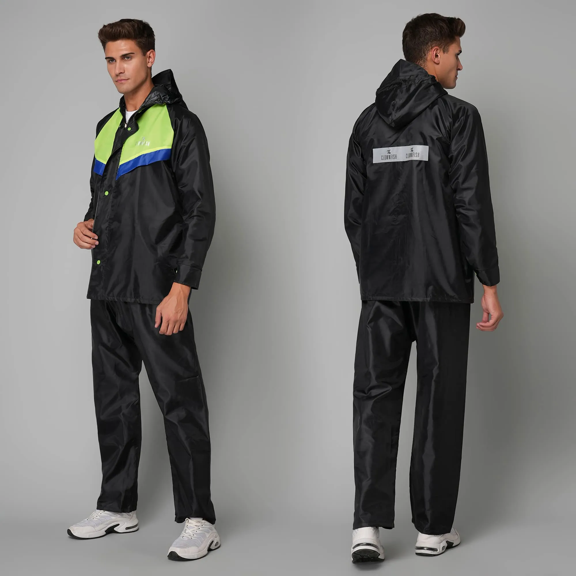 THE CLOWNFISH Sky Pro Series Men's Waterproof Polyester Double Coating Raincoat with Hood and Reflector Logo at Back. Set of Top and Bottom (Black, XXL)