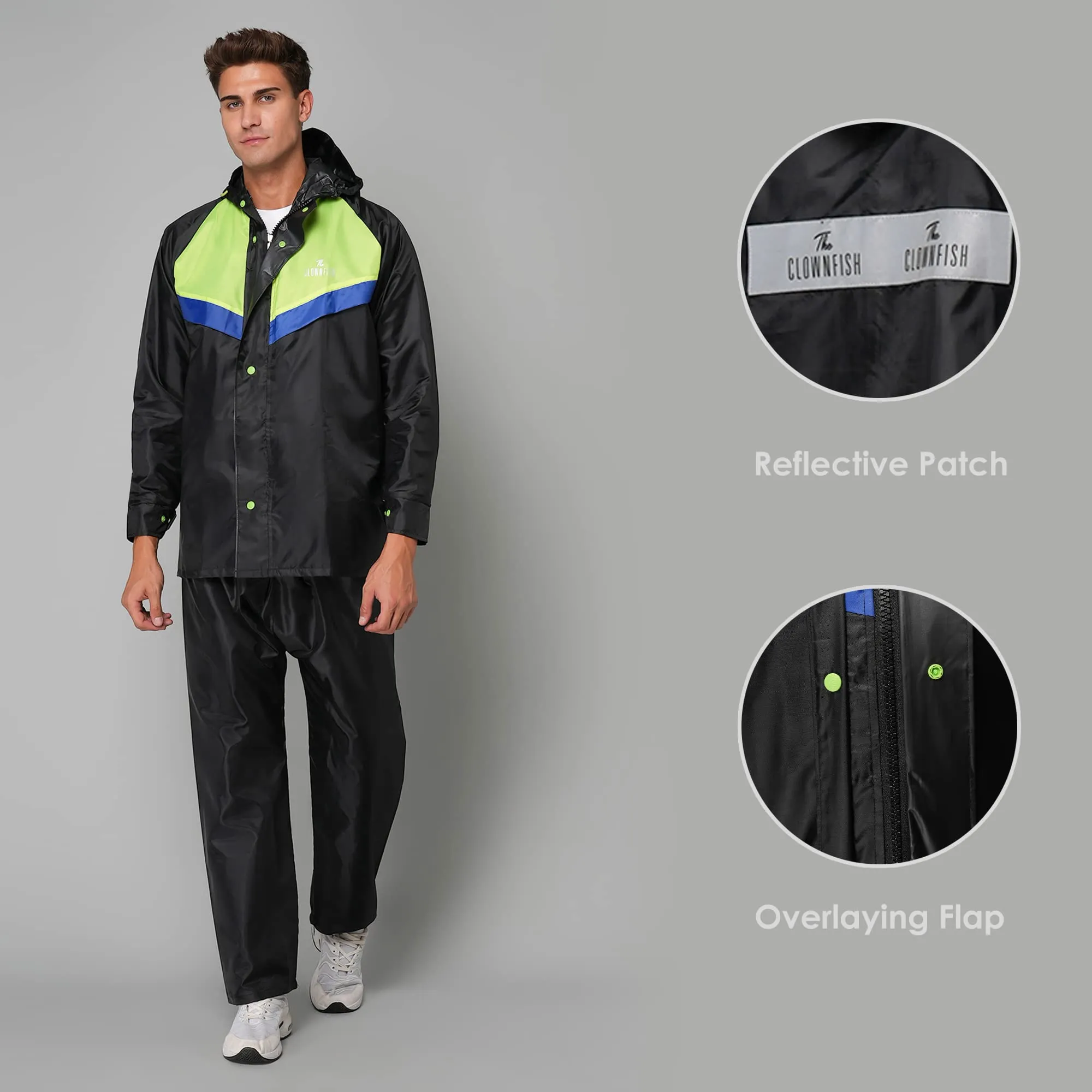 THE CLOWNFISH Sky Pro Series Men's Waterproof Polyester Double Coating Raincoat with Hood and Reflector Logo at Back. Set of Top and Bottom (Black, XXL)