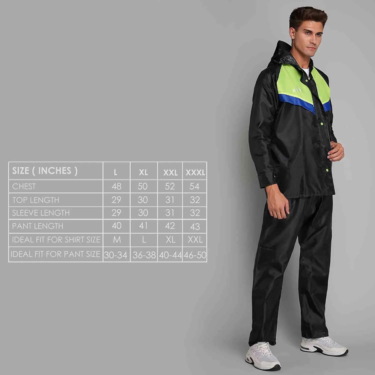 THE CLOWNFISH Sky Pro Series Men's Waterproof Polyester Double Coating Raincoat with Hood and Reflector Logo at Back. Set of Top and Bottom (Black, XXL)