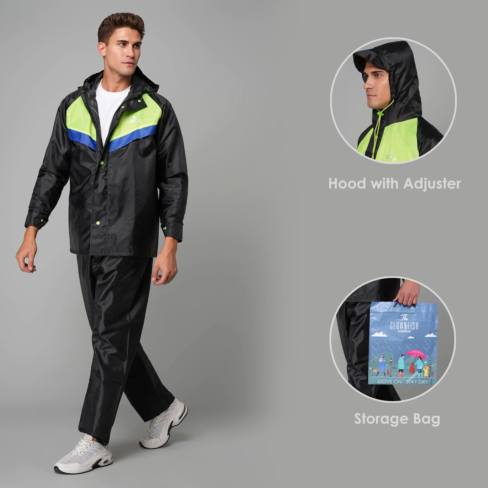 THE CLOWNFISH Sky Pro Series Men's Waterproof Polyester Double Coating Raincoat with Hood and Reflector Logo at Back. Set of Top and Bottom (Black, XXL)