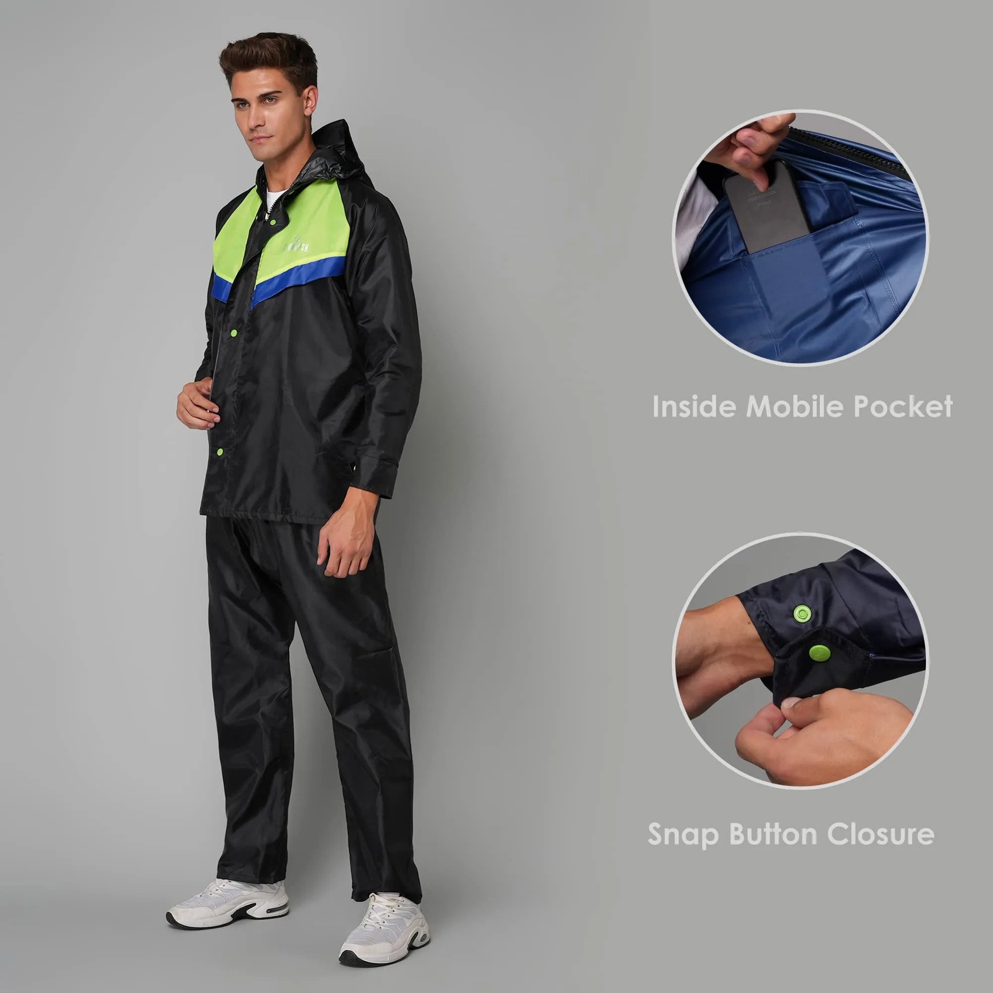 THE CLOWNFISH Sky Pro Series Men's Waterproof Polyester Double Coating Raincoat with Hood and Reflector Logo at Back. Set of Top and Bottom (Black, XXL)