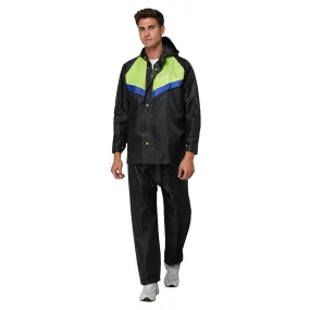 THE CLOWNFISH Sky Pro Series Men's Waterproof Polyester Double Coating Raincoat with Hood and Reflector Logo at Back. Set of Top and Bottom (Black, XXL)