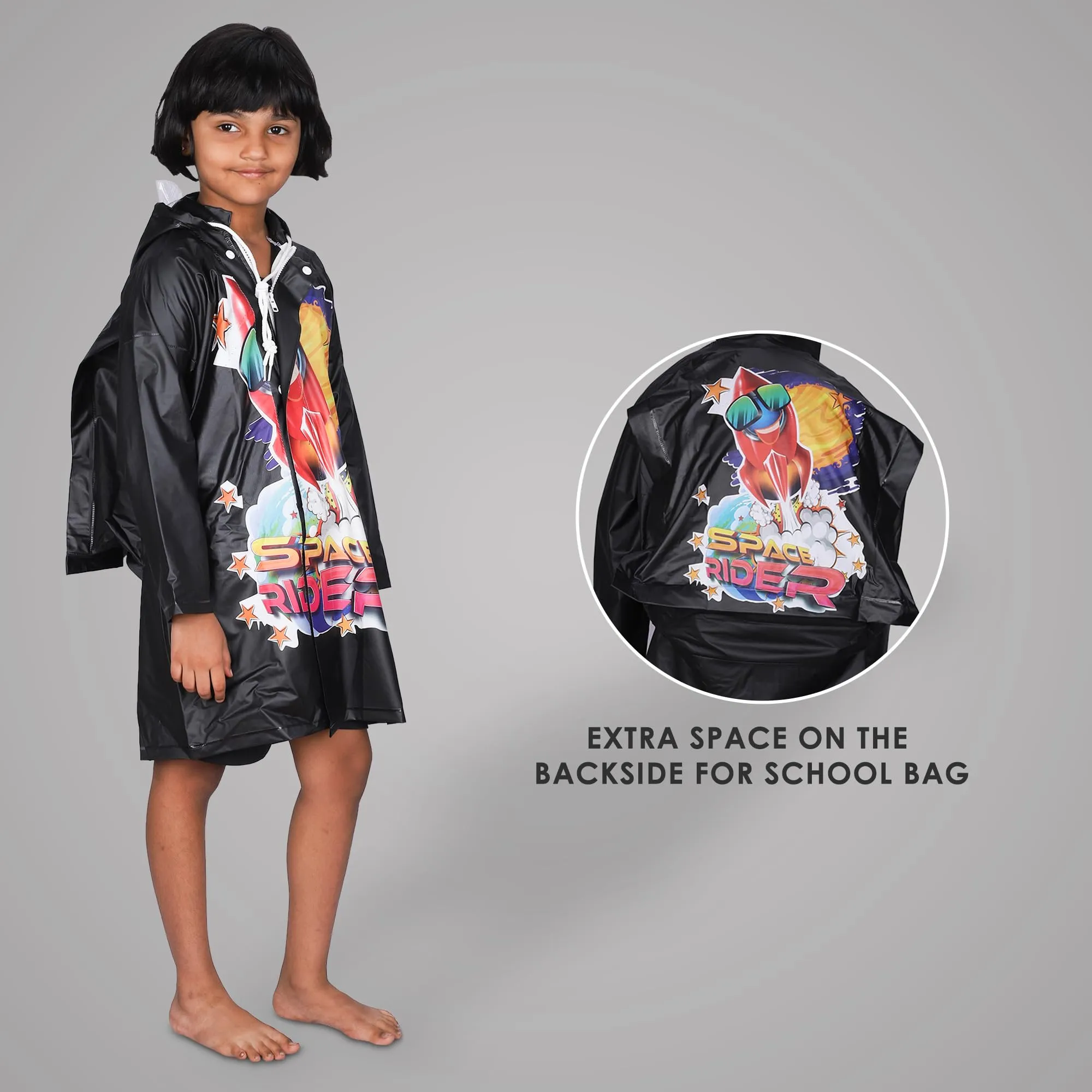 THE CLOWNFISH Toon Caper Series Kids Waterproof PVC Longcoat with Adjustable Hood & Extra Space for Backpack/Schoolbag Holding. Printed Plastic Pouch. Kid Age-6-7 years (Black)