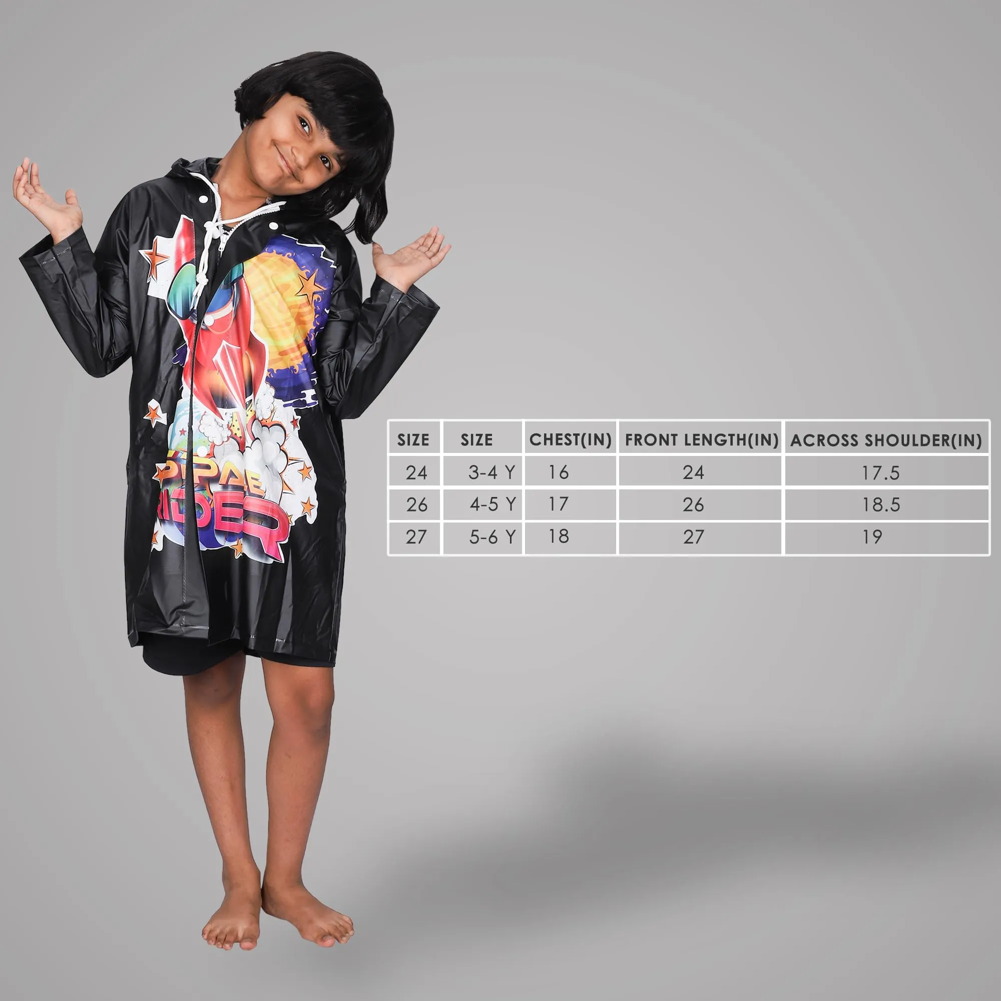 THE CLOWNFISH Toon Caper Series Kids Waterproof PVC Longcoat with Adjustable Hood & Extra Space for Backpack/Schoolbag Holding. Printed Plastic Pouch. Kid Age-6-7 years (Black)