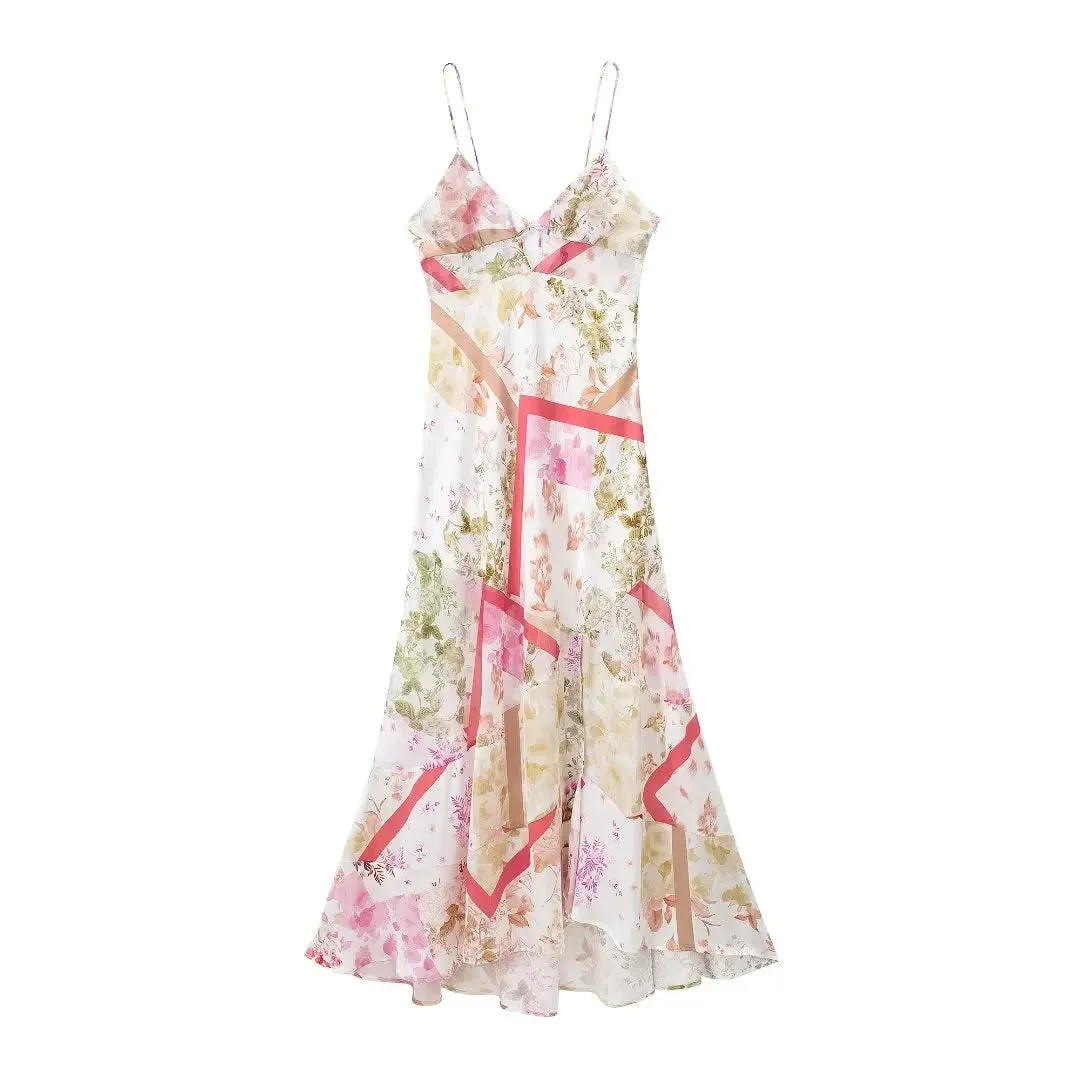 Uniwim 2024 Spring Summer Print Bohemian Dresses Fashion Casual Patchwork V Neck Sleeveless Camisole Slim Half Sheer Long Dress