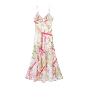 Uniwim 2024 Spring Summer Print Bohemian Dresses Fashion Casual Patchwork V Neck Sleeveless Camisole Slim Half Sheer Long Dress