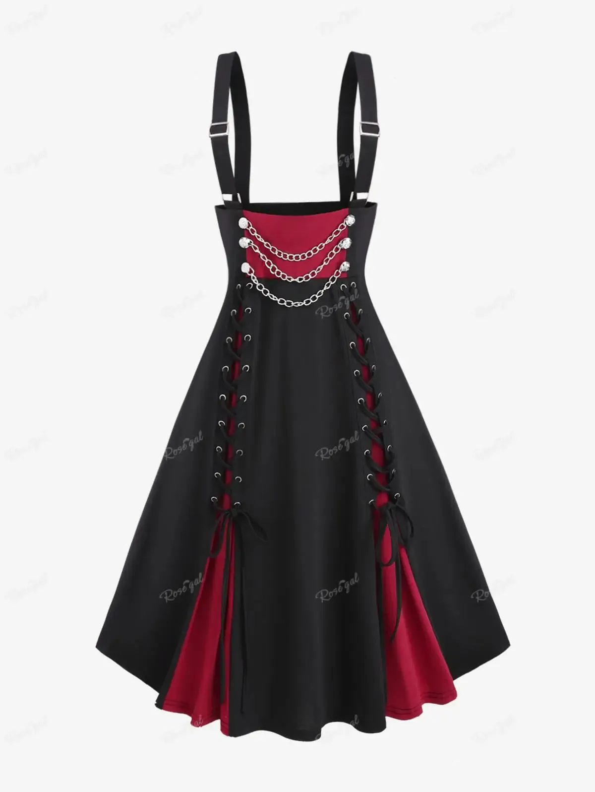 Uniwim Gothic Suspender Skirt Lace Up Ruched Layered Button Chain Skirts Ladies All Season Wear Elastic Waist Midi Skirt