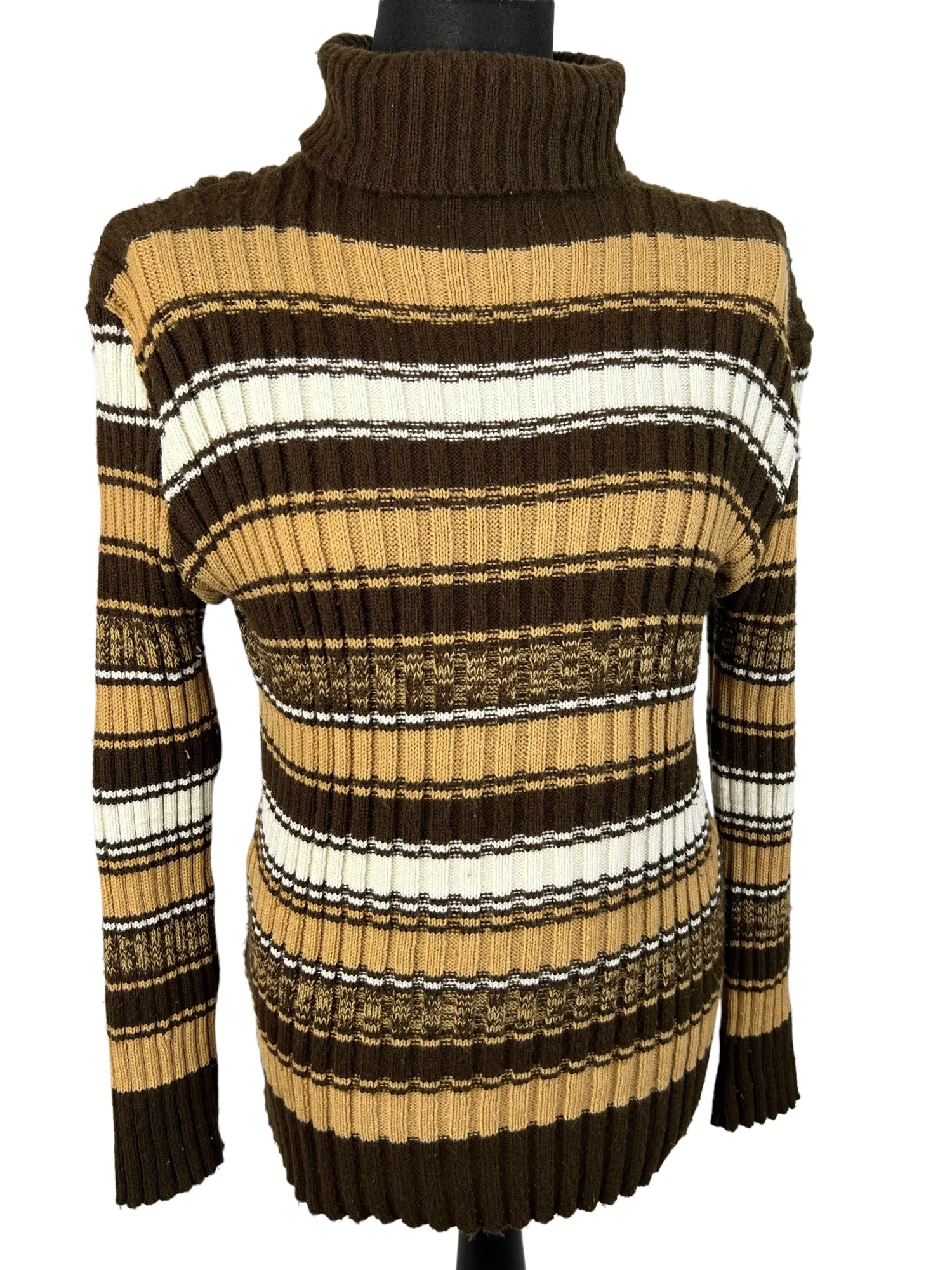 Vintage 1970s Striped Rib Knit Roll Neck Jumper in Brown - Size M